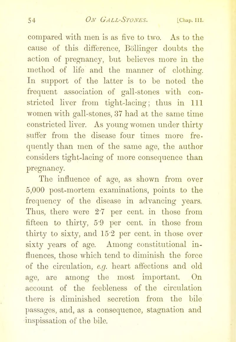 compared with men is as five to two. As to the cause of this difference, Bolhnger doubts the action of pregnancy, but believes more in the method of hfe and the manner of clothinsf. In support of the latter is to be noted the frequent association of gall-stones Avith con- stricted liver from tight-lacing; thus in 111 women with gall-stones, 37 had at the same time constricted liver. As young women under thirty suffer from the disease four times more fre- quently than men of the same age, the author considers tight-lacing of more consequence than pregnancy. The influence of age, as shown from over 5,000 post-mortem examinations, points to the frequency of the disease in advancing years. Thus, there were 2'7 per cent, in those from fifteen to thirty, 5'9 per cent, in those from thirty to sixty, and 152 per cent, in those over sixty years of age. Among constitutional in- fluences, those which tend to diminish the force of the circulation, e.g. heart affections and old age, are among the most important. On account of the feebleness of the circulation there is diminished secretion from the bile passages, and, as a consequence, stagnation and inspissation of the bile.