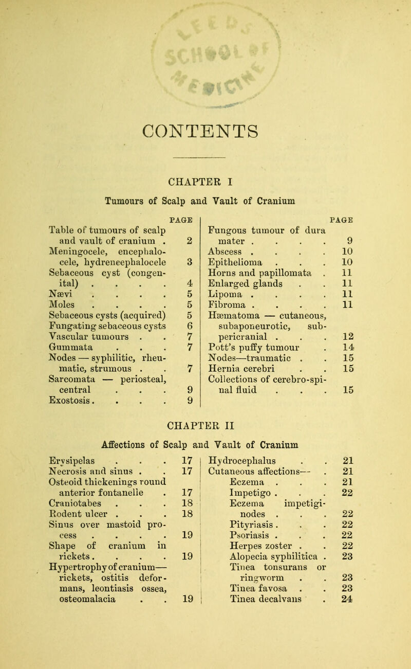 CONTENTS CHAPTER I Tumours of Scalp and Vault of Cranium PAGE PAGE Table of tumours of scalp Fungous tumour of dura and vault of cranium . 2 mater . . . . 9 Meningocele, encephalo- Abscess . . . . 10 cele, hydreneephalocele 3 Epithelioma 10 Sebaceous cyst (congen- Horns and papillomata . 11 ital) . . . . 4 Enlarged glands 11 Nsevi .... 5 Lipoma . . . . 11 Moles . . . . 5 Fibroma . . . . 11 Sebaceous cysts (acquired) 5 HjBmatoma — cutaneous. Fungating sebaceous cysts 6 subaponeurotic, sub- Vascular tumours . 7 pericranial . Pott's puffy tumour 12 Gummata 7 14 Nodes — syphilitic, rheu- Nodes—traumatic . 15 matic, strumous . 7 Hernia cerebri 15 Sarcomata — periosteal, Collections of cerebro-spi- central 9 nal fluid 15 Exostosis.... 9 CHAPTER II Affections of Scalp and Vault of Cranium Erysipelas 17 Hydrocephalus 21 Necrosis and sinus . 17 Cutaneous affections— 21 Osteoid thickenings round Eczema 21 anterior f ontanelie 17 Impetigo . 22 Craniotabes 18 Eczema impetigi- Rodent ulcer . 18 nodes . 22 Sinus over mastoid pro- Pityriasis . 22 cess .... 19 Psoriasis . 22 Shape of cranium in Herpes zoster . 22 rickets.... 19 Alopecia syphilitica . 28 Hypertrophy of cranium— Tinea tonsurans or rickets, ostitis defor- ringworm 23 mans, leontiasis ossea, Tinea favosa 23 osteomalacia 19 Tinea decalvans 24