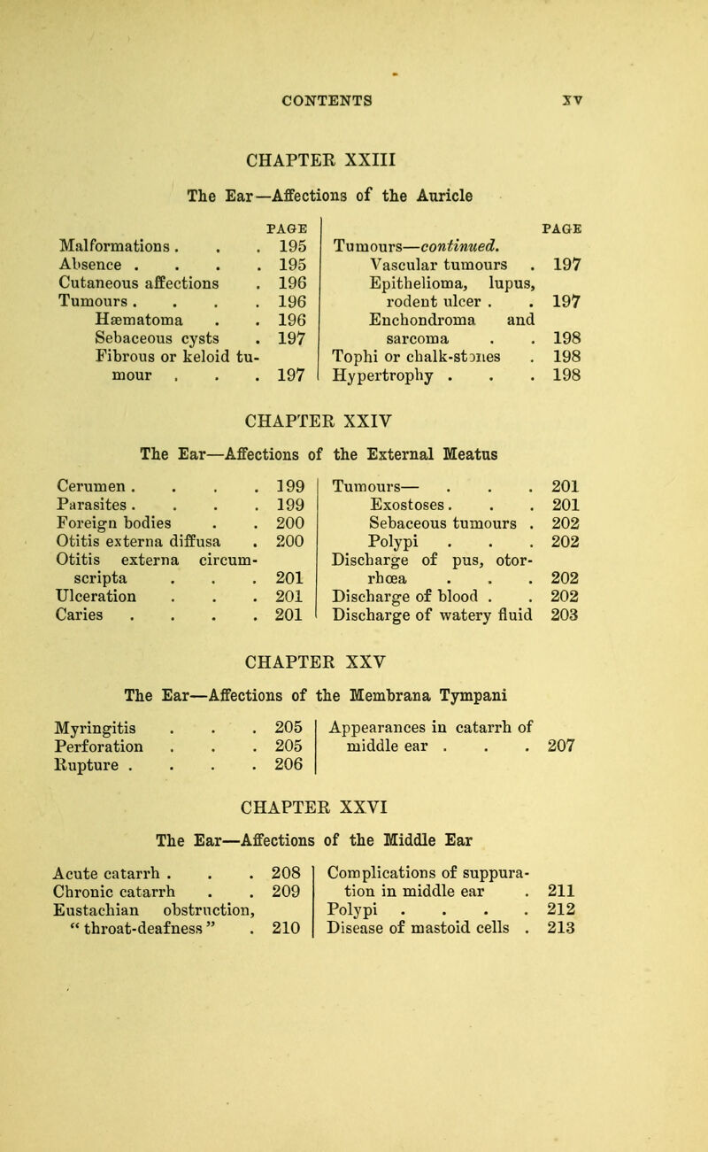 CHAPTER XXIII The Ear—Affections of the Auricle PAGE Malformations. . . 195 Absence .... 195 Cutaneous affections . 196 Tumours.... 196 Hsematoma . . 196 Sebaceous cysts . 197 Fibrous or keloid tu- mour . . . 197 PAGE Tumours—continued. Vascular tumours . 197 Epithelioma, lupus, rodent ulcer . . 197 Enchondroma and sarcoma . . 198 Tophi or chalk-stDiies . 198 Hypertrophy . . . 198 CHAPTER XXIV The Ear—Affections of the External Meatus Cerumen . . , .199 Parasites. . . .199 Foreign bodies . . 200 Otitis externa diffusa . 200 Otitis externa circum- scripta . , . 201 Ulceration . . . 201 Caries . . . .201 Tumours— . . .201 Exostoses. . . 201 Sebaceous tumours . 202 Polypi . . .202 Discharge of pus, otor- rhoea . . .202 Discharge of blood . . 202 Discharge of watery fluid 203 CHAPTER XXV The Ear—Affections of the Membrana Tympani Myringitis Perforation Rupture . 205 205 206 Appearances in catarrh of middle ear , 207 CHAPTER XXVI The Ear—Affections of the Middle Ear Acute catarrh . . . 208 Complications of suppura- Chronic catari'h . . 209 tion in middle ear . 211 Eustachian obstruction. Polypi .... 212  throat-deafness . 210 Disease of mastoid cells . 213