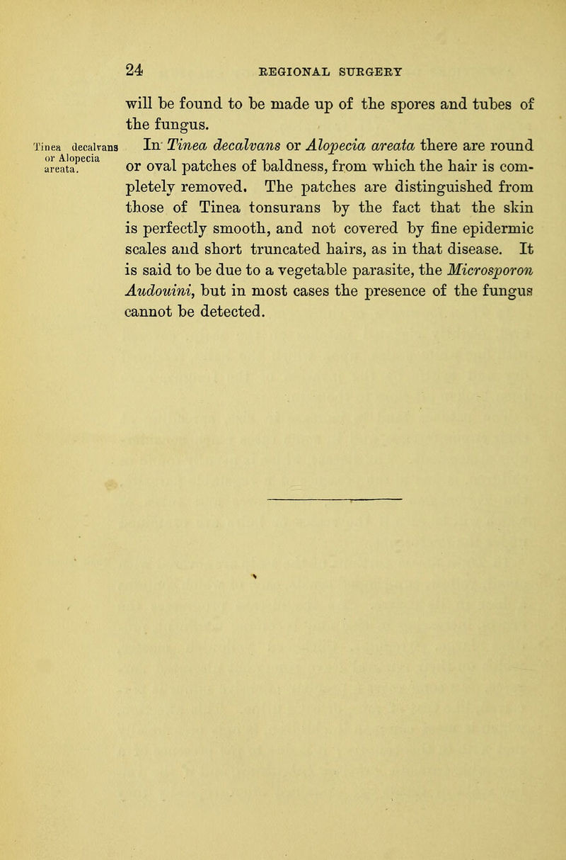 will be found to be made up of tbe spores and tubes of tbe fungus. Tinea decairana In Tinea decalvans or Alopecia areata tbere are round areaS^*^^'^ or oval patches of baldness, from wliicb the hair is com- pletely removed. The patches are distinguished from those of Tinea tonsurans by the fact that the skin is perfectly smooth, and not covered by fine epidermic scales and short truncated hairs, as in that disease. It is said to be due to a vegetable parasite, the Microsporon Audouini, but in most cases the presence of the fungus cannot be detected.