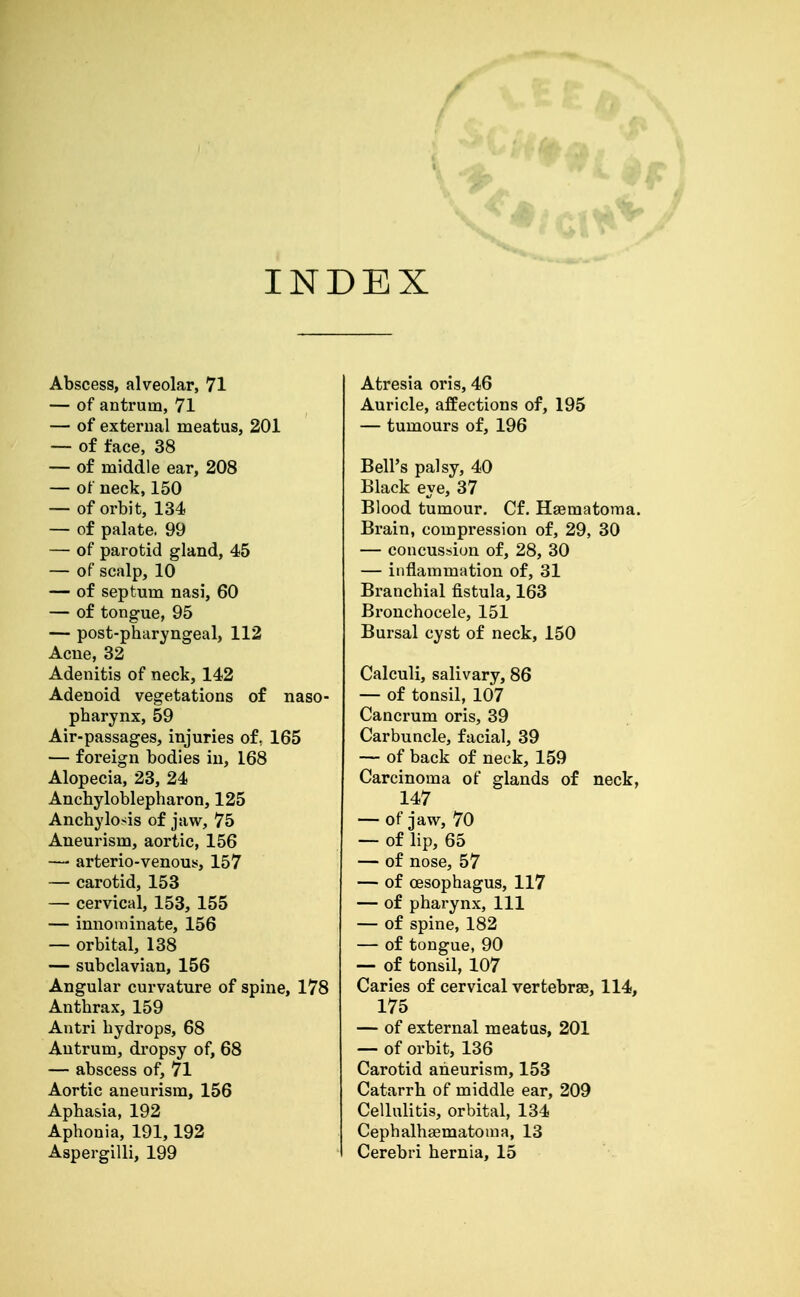 INDEX Abscess, alveolar, 71 — of antrum, 71 — of external meatus, 201 — of face, 38 — of middle ear, 208 — of neck, 150 — of orbit, 134 — of palate, 99 — of parotid gland, 45 — of scalp, 10 — of septum nasi, 60 — of tongue, 95 — post-pbaryngeal, 112 Acne, 32 Adenitis of neck, 142 Adenoid vegetations of naso- pbarynx, 59 Air-passages, injuries of, 165 — foreign bodies in, L68 Alopecia, 23, 24 Anchyloblepharon, 125 Ancbylosis of jaw, 75 Aneurism, aortic, 156 — arterio-venouis, 157 — carotid, 153 — cervical, 153, 155 — innominate, 156 — orbital, 138 — subclavian, 156 Angular curvature of spine, 178 Antbrax, 159 Antri bydrops, 68 Antrum, di'opsy of, 68 — abscess of, 71 Aortic aneurism, 156 Apbasia, 192 Aphonia, 191,192 Atresia oris, 46 Auricle, affections of, 195 — tumours of, 196 Bell's palsy, 40 Black eye, 37 Blood tumour. Cf, Haematoma. Brain, compression of, 29, 30 — concussion of, 28, 30 — inflammation of, 31 Brancbial fistula, 163 Bronchocele, 151 Bursal cyst of neck, 150 Calculi, salivary, 86 — of tonsil, 107 Cancrum oris, 39 Carbuncle, facial, 39 — of back of neck, 159 Carcinoma of glands of neck, 147 — of jaw, 70 — of lip, 65 — of nose, 57 — of oesophagus, 117 — of pharynx. 111 — of spine, 182 — of tongue, 90 — of tonsil, 107 Caries of cervical vertebrae, 114, 175 — of external meatus, 201 — of orbit, 136 Carotid aneurism, 153 Catarrh of middle ear, 209 Cellulitis, orbital, 134 Cephalhsematoma, 13