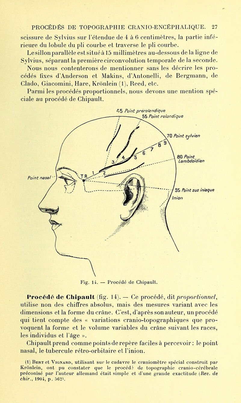 scissure de Sylvius sur l'étendue de 4 à 6 centimètres, la partie infé- rieure du lobule du pli courbe et traverse le pli courbe. Le sillon parallèle est situé à 15 millimètres au-dessous de la ligne de Sylvius, séparant la première circonvolution temporale de la seconde. Nous nous contenterons de mentionner sans les décrire les pro- cédés fixes d'Anderson et Makins, d'Antonelli, de Bergmann, de Clado, Giacomini, Hare, Kronlein (1), Reed, etc. Parmi les procédés proportionnels, nous devons une mention spé- ciale au procédé de Ghipault. 'vS Point préroisndique Fig. 14. — Procédé de Chipaull. l*rocé(l6 de Ghipault (fig. 14). — Ge procédé, dit proportionnel, utilise non des chiffres absolus, mais des mesures variant avec les dimensions et la forme du crâne. G'est, d'après son auteur, un procédé qui tient compte des « variations cranio-topographiques que pro- voquent la forme et le volume variables du crâne suivant les races, les individus et l'âge ». Ghipault prend comme points de repère faciles à percevoir: le point nasal, le tubercule rétro-orbitaire et Tinion. (l) Bert et ViGNARD, utilisant sui' le cadavre le craniotnètre spécial construit par Kronlein, ont pu constater que le procédé de topographie cranio-cérébrale préconisé par l'auteur allemand était simple et d'une grande exactitude (Rev. de chir., 1904, p. 562>.