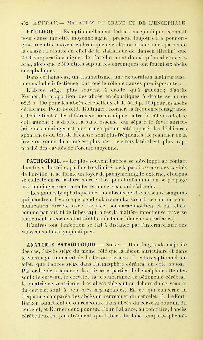 ÉTIOLOGIE. — Excoplionnollenient, l'abcès encéphalique recoiinait pour cause une otite moyenne aiguë ; presque toujours il a pour ori- gine une otite moyenne chronique avec lésion osseuse des parois de la caisse ; il résulte en eflet de la statistique de Jansen (Berlin) que 2 650 suppurations aiguës de l'oreille n'ont donné qu'un abcès céré- bral, alors que 2 500 otites suppurées chroniques ont fourni six abcès encéphaliques. Dans certains cas, un traumatisme, une exploration malheureuse, une maladie infectieuse, ontjoué le rôle de causes prédisposantes. L'abcès siège plus souvent à droite qu'à gauche ; d'après Korner, la proportion des abcès encéphaliques à droite serait de 68,5 p. tOO pour les abcès cérébelleux et de 55,6 p. 100 pour les abcès cérébraux. Pour Bezold, Rudinger, Kôi'ner, la fréquenceplusgrande à droite tient à des dilîérences anatomiques entre le côté droit et le côté gauche ; à droite, la paroi osseuse qui sépare le foyer auricu- laire des méninges est plus mince que du côté opposé; les déchirures spontanées du toit de la caisse sont plus fréquentes ; le plancher de la fosse moyenne du crâne est plus bas ; le sinus latéral est plus rap- proché des cavités de l'oreille moyenne. PATHOGÉNIE. — Le plus souvent l'abcès se développe au contact d'un foyer d'ostéite, parfois très limité, de la paroi osseuse des cavités de l'oreille; il se forme un foyer de pachyméningite externe, etdupus se collecte entre la dure-mère et l'os ; puis l'inflammation se propage aux méninges sous-jacentes et au cerveau qui s'abcède. « Les gaines lymphatiques des nombreux petits vaisseaux sanguins qui pénètrent l'écorce perpendiculairement à sa surface sont en com- munication directe avec l'espace sous-arachnoïdien et par elles, comme par autant de tubescapillaires,la matière infectieuse traverse facilement le cortex et atteint la substance blanche » (Ballance). D'autres fois, l'infection se fait à distance par l'intermédiaire des vaisseaux et des lymphatiques. ANATOMIE PATHOLOGIQUE. — SuiOE. — Dans la grande majorité des cas, l'abcès siège du même côté que la lésion auriculaire et dans le voisinage immédiat de la lésion osseuse. Il est exceptionnel, en effet, que l'abcès siège dans l'hémisphère cérébral du côté opposé. Par ordre de fréquence, les diverses parties de l'encéphale atteintes sont: le cerveau, le cervelet, la protubérance, le pédoncule cérébral, le quatrième ventricule. Les abcès siégeant en dehors du cerveau et du cervelet sont à peu près négligeables. En ce qui concerne la fréquence comparée des abcès du cerveau et du cervelet, R. Le Fort, Barker admettent qu'on rencontre trois abcès du cerveau pour un du cervelet, et Korner deux pour un. Pour Ballance, au contraire, l'abcès cérébelleux est plus fréquent que l'abcès du lobe lemporo-sphénoï-