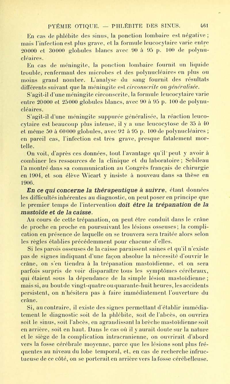 En cas de phlébite des sinus, la ponction lombaire est nég-ative ; mais rinfection est plus grave, et la formule leucocylaire varie entre 20000 et 30000 globules blancs avec 90 à 05 p. JOO de polynu- cléaires. En cas de méningite, la ponction lomliaire fournit imi licpiide trouble, renfermant des microbes et des polynucléaires en plus ou moins grand nombre. L'analyse du sang fournit des résultats différents suivant que la méningite ef^l circonscrile on généralisée. S'agit-il d'une méningite circonscrite, la formule leucocytaire varie entre 20000 et 25000 globules blancs, avec 90 à 95 p. 100 de polynu- cléaires. S'agit-il d'une méningite suppurée généralisée, la réaction leuco- cytaire est beaucoup plus intense, il y a une leucocylose de 35 à 40 et môme 50 à 60000 globules, avec 92 à 95 p. 100 de polynucléaires ; en pareil cas, l'infection est très grave, presque fatalement mor- telle. On voit, d'après ces données, tout l'avantage qu'il peut y avoir à combiner les ressources de la clinique et du laboratoire ; Sel>ileau l'a montré dans sa communication au Congrès français de chirurgie en 1904, et son élève Wicart y insiste à nouveau dans sa thèse en 1906. En ce qui concerne la thérapeutique à suivre, étant données les difficultés inhérentes au diagnostic, on peut poser en principe que le premier temps de l'intervention doit être la trépanation de la mastoïde et de la caisse. Au cours de cette trépanation, on peut être conduit dans le crâne de proche en proche en poursuivant les lésions osseuses; la compli- cation en présence de laquelle on se trouvera sera traitée alors selon les règles établies précédemment pour chacune d'elles. Si les parois osseuses de la caisse paraissent saines et qu'il n'existe pas de signes indiquant d'une façon absolue la nécessité d'ouvrir le crâne, on s'en tiendra à la trépanation mastoïdienne, et on sera parfois surpris de voir disparaître tous les symptômes cérébraux, qui étaient sous la dépendance de la simple lésion mastoïdienne ; mais si, au boutde vingt-quatre ou quarante-huit heures, les accidents persistent, on n'hésitera pas à faire immédiatement l'ouverture du crâne. Si, au contraire, il existe des signes permettant d'établir immédia- tement le diagnostic soit de la phlébite, soit de l'abcès, on ouvrira soit le sinus, soit l'abcès, en agrandissant la brèche mastoïdienne soit en ari'ière, soit en haut. Dans le cas où il y aurait doute sur la nature et le siège de la complication intracranienne, on ouvrirait d'aboi'd vers la fosse cérébrale moyenne, parce que les lésions sont plus fré- quentes au niveau du lobe temporal, et, en cas de recherche infruc- tueuse de ce côté, on se porterait en arrière vers la fosse cérébelleuse.