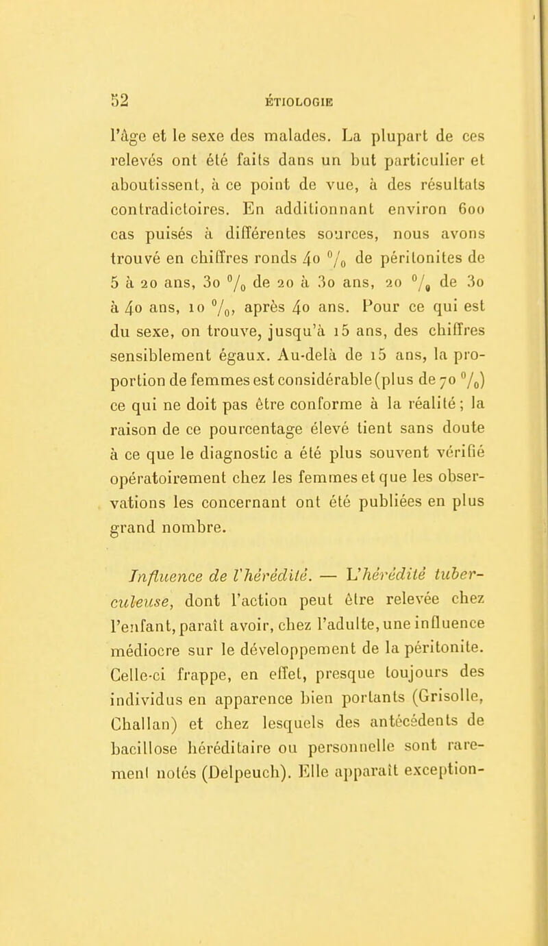 l'âge et le sexe des malades. La plupart de ces relevés ont été faits dans un but particulier et aboutissent, à ce point de vue, à des résultais contradictoires. En additionnant environ 600 cas puisés à différentes sources, nous avons trouvé en chiffres ronds 4o °/o de péritonites de 5 à 20 ans, 3o /(, de 20 à .3o ans, 20 de 3o à 4o ans, 10 /o; après 4o ans. Four ce qui est du sexe, on trouve, jusqu'à i5 ans, des chiffres sensiblement égaux. Au-delà de i5 ans, la pro- portion de femmes est considérable (plus de 70 ce qui ne doit pas être conforme à la réalité ; la raison de ce pourcentage élevé tient sans doute à ce que le diagnostic a été plus souA'ent vérifié opératoirement chez les femmes et que les obser- vations les concernant ont été publiées en plus grand nombre. Influence de Vhèrèdilè. — Uhéréditè tuber- culeuse, dont l'action peut être relevée chez l'eiifant, parait avoir, chez l'adulte, une inûuence médiocre sur le développement de la péritonite. Celle-ci frappe, en effet, presque toujours des individus en apparence bien portants (Grisolle, Ghallan) et chez lesquels des antécédents de bacillose héréditaire ou personnelle sont rare- menl notés (Delpeuch). Elle apparaît exception-