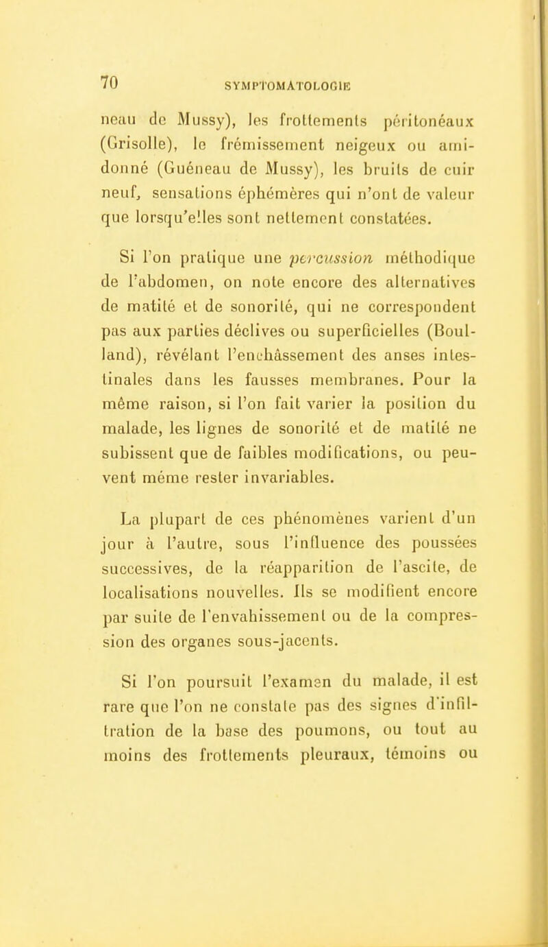 neau de Mussy), les frotlemenls péritonéaux (Grisolle), le frémissement neigeux ou ami- donné (Guéneau de Mussy), les bruils de cuir neuf, sensalions éphémères qui n'onl de valeur que lorsqu'elles sont nellement constatées. Si l'on pratique une percussion méthodique de l'abdomen, on note encore des alternatives de matité et de sonorité, qui ne correspondent pas aux parties déclives ou superficielles (Boul- land), révélant l'enehâssement des anses intes- tinales dans les fausses membranes. Pour la même raison, si l'on fait varier la position du malade, les lignes de sonorité et de matité ne subissent que de faibles modifications, ou peu- vent même rester invariables. La plupart de ces phénomènes varient d'un jour à l'autre, sous l'influence des poussées successives, de la réapparition de l'ascite, de localisations nouvelles. Ils se modifient encore par suite de l'envahissement ou de la compres- sion des organes sous-jacents. Si l'on poursuit l'examen du malade, il est rare que l'on ne constate pas des signes d'infil- tration de la base des poumons, ou tout au moins des frottements pleuraux, témoins ou