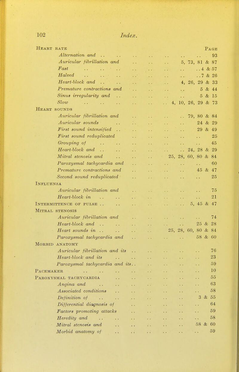 Heabt rate Page Alternation and .. . . . . . . .. . . .. 93 Auricular fibrillation and . . . . . . 5, 73, 81 & 87 Fast 4 & 57 Halved . . . . .. . . . , .. .. .. 7 & 26 Heart-block and . . . . . . . . . . 4^ 26, 29 & 33 Premature contractions and . . . . . . 5 & 44 Sinus irregularity and .. .. .. .. .. 5&15 Slow 4, 10, 26, 29 & 73 Heabt sounds Auricular fibrillation and . . . . . . .. 79, 80 & 84 Auricular sounds . . . . . . . . .. 24 & 29 First sound intensified . . . . . . . . .. 29 & 49 First sound reduplicated . . . . . . .. .. 25 Grouping of .. .. .. . . . . . . .. 45 Heart-block and 24, 28 & 29 Mitral stenosis and 25, 28, 60, 80 & 84 Paroxysmal tachycardia and . . . . . . . . .. 60 Premature contractions and .. . . . . . . 45 & 47 Second sound reduplicated . . . . . . .. .. 25 Influenza Auricular fibrillation and . . . . .. .. 75 Heart-block in . . . . . . . . . . .. 21 Intermittence of pulse .. .. .. . . . . .. 5, 45 & 47 Mitral stenosis Auricular fibrillation and . . . . . . . . .. 74 Heart-block and .. .. . . . . . . . . 25 & 28 Heart sounds in .. 25, 28, 60, 80 & 84 Paroxysmal tachycardia and . . . . . . . . 58 & 60 Morbid anatomy Auricular fibrillation and its . . . . . . . ■ .. 76 Heart-block and its . . .. . . . . . . .. 23 Paroxysmal tachycardia and its.. .. . . .. .. 59 Pacemaker .. .. .. .. .. .. .. .. 10 Paroxysmal tachycardia .. .. . . .. .. .. 55 Angina and .. .. . . . . . . .. . . 63 Associated conditions .. .. . . . . .. .. 58 Definition of . . . . . . . . . . .. 3 & 55 Differential diagnosis of .. . . .. . . .. 64 Factors promoting attacks .. . . .. . . . . 59 Heredity and .. .. .. . . .. .. . ■ 58 Mitral stenosis and . . . . . . . . . . 58 & 60 Morbid anatomy of .. .. .. . . .. .. 59