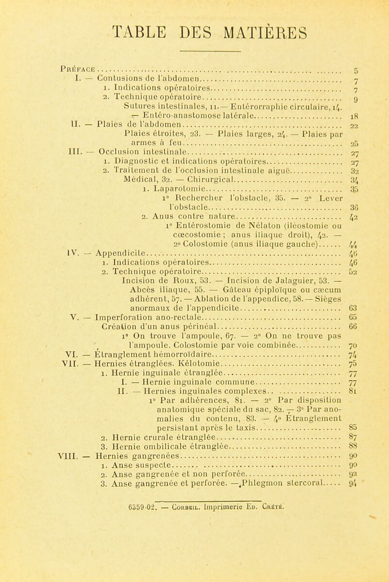 TABLE DES MATIÈRES Préface 5 I. — Conliisions de l'ubdonien 7 1. Indications opùratoires 7 2. Tecliniqiie opéraloire g Sutures intestinales, 11.— Entérorraphie circulaire, 14. T— Entéro-anaslomosc latérale 18 II. — Plaies de l'abdomen 22 Plaies étroites, 28. — Plaies larges, 2!,. — Plaies par armes à feu 25 III. — Occlusion intestinale 27 1. Diagnostic et indications opératoires 27 2. Traitement de l'occlusion intestinale aiguë 82 Médical, 82. — Chirurgical 34 1. Laparotomie 35 1° Rechercher l'obstacle, 35. — 2 Lever l'obstacle 36 2. Anus contre nature 42 1» Entérostomie de Nélaton (iléoslomie ou cœcostomie; anus iliaque droit), 42. — 2 Colostomie (anus iliaque gauche) 44 IV. — Appendicite 46 1. Indications opératoires 46 2. Technique opératoire 52 Incision de Roux, 53. — Incision de Jalaguier, 53. — Abcès iliaque, 55. — Gâteau épiploïque ou cEccum adhérent, 57. — Ablation de l'appendice, 58. — Sièges anormaux de l'appendicite 63 V. — Imperforalion ano-rectale 65 Création d'un anus périnéal 66 1° On trouve l'ampoule, 67. — 2° On ne trouve pas l'ampoule. Colostomie par voie combinée 70 VI. — Etranglement hémorroïdaire 74 VII. — Hernies étranglées. Kélotomie 75 1. Hernie inguinale étranglée 77 I. —Hernie inguinale commune 77 II. — Hernies inguinales complexes 81 1° Par adhérences, 81. — 2° Par disposilion anatomique spéciale du sac, 82. — 3» Par ano- malies du contenu, 83. — 4° Etranglement persistant après le taxis 85 2. Hernie crurale étranglée 87 3. Hernie ombilicale étranglée 88 VIII. — Hernies gangrenées 90 1. Anse suspecte 90 2. Anse gangrenée et non perforée 92 3. Anse gangrenée et perforée. —^Phlegmon stercoral 94 6369-02. — CoRBEiL. Imprimerie Jid. Cki!ti1.