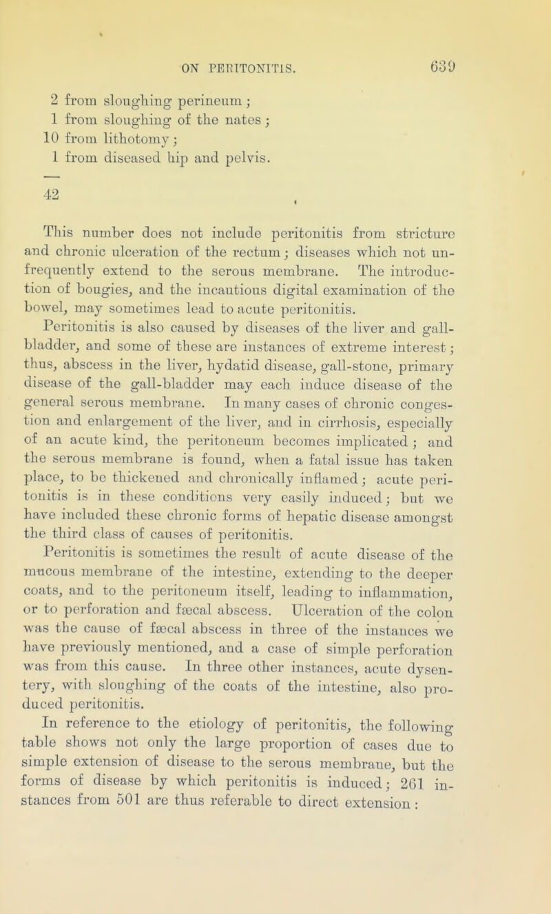 2 from slougliing perineum ; 1 from slougliing of the nates; 10 from lithotomy ; 1 from diseased hip and pelvis. This number does not include peritonitis from stricture and chronic ulceration of the rectum; diseases which not un- frequentlj extend to the serous membrane. The introduc- tion of bougies^ and the incautious digital examination of the bowelj may sometimes lead to acute peritonitis. Peritonitis is also caused by diseases of the liver and gall- bladder^ and some of these are instances of extreme interest; thus, abscess in the liver, hydatid disease, gall-stone, primary disease of the gall-bladder may each induce disease of the general serous membrane. In many cases of chronic conges- tion and enlargement of the liver, and in cirrhosis,, especially of an acute kind, the peritoneum becomes implicated ; and the serous membrane is found, vt^hen a fatal issue has taken place, to be thickened and chronically inflamed; acute peri- tonitis is in these conditions very easily induced; but we have included these chronic forms of hepatic disease amongst the third class of causes of peritonitis. Peritonitis is sometimes the result of acute disease of the mucous membrane of the intestine, extending to the deeper coats, and to the peritoneum itself, leading to inflammation, or to perforation and fsecal abscess. Ulceration of the colon was the cause of faecal abscess in three of the instances we have previously mentioned, and a case of simple perforation was from this cause. In three other instances, acute dysen- tery, with sloughing of the coats of the intestine, also pro- duced peritonitis. In reference to the etiology of peritonitis, the following table shows not only the large proportion of cases due to simple extension of disease to the serous membrane, but the forms of disease by which peritonitis is induced; 2G1 in- stances from 501 are thus referable to direct extension :