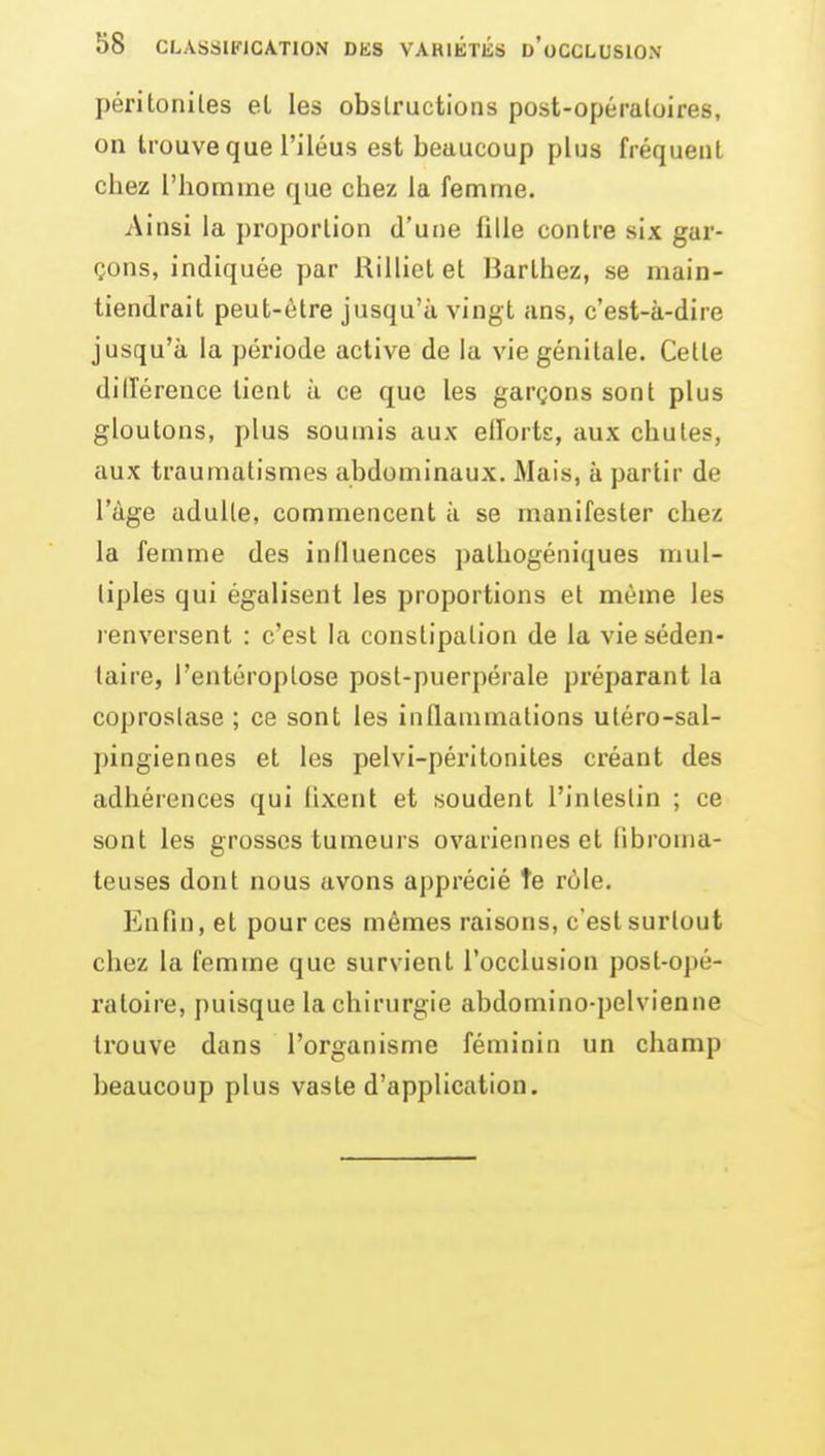 péritonites el les obstructions post-opératoires, on trouve que l'iléus est beaucoup plus fréquent chez l'honame que chez la femme. Ainsi la proportion d'une fille contre six gar- çons, indiquée par Rillietet Barthez, se main- tiendrait peut-être jusqu'à vingt ans, c'est-à-dire jusqu'à la période active de la vie génitale. Celte différence tient à ce que les garçons sont plus gloutons, plus soumis aux elîorts, aux chutes, aux traumatismes abdominaux. Mais, à partir de l'âge adulte, commencent à se manifester chez la femme des influences pathogéniques mul- tiples qui égalisent les proportions et même les renversent : c'est la constipation de la vie séden- taire, l'entéroplose post-puerpérale préparant la coproslase ; ce sont les inflammations utéro-sal- pingiennes et les pelvi-péritonites créant des adhérences qui fixent et soudent l'intestin ; ce sont les grosses tumeurs ovariennes et fibroma- teuses dont nous avons apprécié te rùle. Enfin, et pour ces mêmes raisons, c'est surtout chez la femme que survient l'occlusion post-opé- ratoire, puisque la chirurgie abdomino-pelvienne trouve dans l'organisme féminin un champ beaucoup plus vaste d'application.