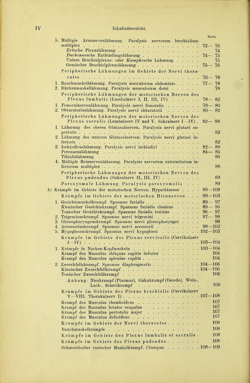 Seite 5. Multiple Armnervenlähmung;. Paralysis nervorum brachialium multiplex . 72— 76 Erbsche Plexuslähmung 74 Duchennesche Entbindungslähmung 74— 75 Untere Brachialplexus- oder Kumpkesahe Lähmung 75 Gemischte Brachialplexuslähmung 75— 76 Peripherische Lähmungen im Gebiete der Nervi thora- cales 76— 78 1. Bauchmuskellähmung. Paralysis musculoram abdominis 77— 78 2. Rückenmuskellähmung. Paralysis musculorum dorsi 78 Peripherische Lähmungen der motorischen Nerven des Plexus lumbalis (Lumbainerv I, II, III, IV) 78— 82 1. Femoralnervenlähmung. Paralysis nervi femoralis 78— 80 2. Obturatoriuslähmung. Paralysis nervi obturatorii 80— 82 Peripherische Lähmungen der motorischen Nerven des Plexus sacralls (Lumbainerv IV und V, Sakralnerv I—IV) . 82— 88 1. Lähmung des oberen Glutaealnerven. Paralysis nervi glutaei su- perioris 82 2. Lähmung des unteren Glutaealnerven. Paralysis nervi glutaei in- ferioris 82 3. Ischiadicuslähmung. Paralysis nervi ischiadici 82— 88 Peronaeuslähmnng 84— 85 Tibialislähmung 86 4. Multiple Beinnervenläbmung. Paralysis nervorum extremitatum in- feriorum multiplex 88 Peripherische Lähmungen der motorischen Nerven des Plexus pudendus (Sakralnerv II, III, IV) 89 Paroxysmale Lähmung. Paralysis paroxysmalis ... 89 i) Krämpfe im Gebiete der motorischen Nerven. Hyperkineses .... 89—109 Krämpfe im Gebiete der motorischen Hirnnerven . . . 89—103 1. Gesichtsmuskelkrampf. Spasmus facialis 89— 97 Klonischer Gesichtskrampf. Spasmus facialis clonicus 89— 95 Tonischer Gesichtskrampf. Spasmus facialis tonicus 96— 97 2. Trigeminuskrampf. Spasmus nervi trigemini 97— 98 3. Glossopharyngeuskrampf. Spasmus nervi glossopharyngei .... 98 4. Aceessoriuskrampf. Spasmus nervi accessorii 98—102 5. Hypoglossuskrampf. Spasmus nervi hypoglossi 102—103 Krämpfe im Gebiete des Plexus cervicalis (Cervikalnerv I—IV) 103—104 1. Krämpfe in Nacken-Kopfmuskeln 103—104 Krampf des Musculus obliquus capitis inferior 104 Krampf des Musculus splenius capitis 104 2. Zwerchfellskrampf. Spasmus diaphragmatis 104—106 Klonischer Zwerchfellkrampf 104—106 Tonischer Zwerchfellkrampf 106 Anhang: Nieskrampf(Ptarmus), Gähnkrampf(Oscedo), Wein-, Lach-, Schreikrampf 106 Krämpfe im Gebiete des Plexus brachialis (Cervikalnerv V—VIII, Thorakalnerv I) 107—108 Krampf des Musculus rhomboideus 107 Krampf des Musculus levator scapulae 107 Krampf des Musculus pectoralis major 107 Krampf des Musculus deltoideus 107 Krämpfe im Gebiete der Nervi thoracales 108 Banchmuskelkrämpfe 108 Krämpfe im Gebiete des Plexus lumbalis et sacralis . 108 Krämpfe im Gebiete des Plexus pudendus 108 Schmerzhafter tonischer Muskelkrampf. Crampus 108—109