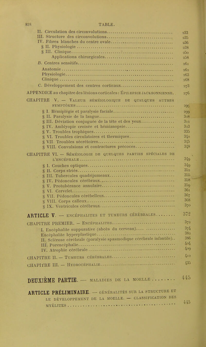 SOS TABLE. IL Circulation des circonvolutions 233 III. Structure des circonvolutions 235 IV. Fibres blanches du centre ovale. a36 § II. Physiologie 238 § III. Clinique ; 25o Applications chirurgicales 258 B. Centres sensitifs 26i Anatomie „ 262 Physiologie 2G3 Clinique 2G8 C. Développement des centres corticaux 273 APPENDICE au chapitre des lésions corticales : Épilepsie jacksonnienne, 276 CHAPITRE Y. — Valeur séméiologique de quelques autres SYMPTÔMES 295 § 1. Hémiplégie et paralysie faciale 299 § II. Paralysie de la langue 3o8 § III. Déviation conjuguée de la tête et des yeux 3u § IV. Amblyopie croisée et hémianopsie 323 § V. Troubles trophiques 335 § VI. Troubles circulatoires et thermiques 34o § VII Troubles sécrétoires 345 § VIII. Convulsions et contractures précoces 348 CHAPITRE VI. — Séméiologie de quelques parties spéciales de l’encéphale 349 § 1. Couches optiques 349 § II. Corps striés 352 § III. Tubercules quadrijumeaux 355 § IV. Pédoncules cérébraux 358 § V. Protubérance annulaire 35g § VI. Cervelet 36i § VII. Pédoncules cérébelleux 367 § VIII. Corps calleux 368 § IX. Ventricules cérébraux 370 ARTICLE V. — ENCÉPHALITES ET TUMEURS CÉRÉBRALES 372 CHAPITRE PREMIER. - Encéphalites 372 I. Encéphalite suppurative (abcès du cerveau) 374 Encéphalite hyperplastique — 332 II. Sclérose cérébrale (paralysie spasmodique cérébrale infantile).. III. Porencéphalie IV. Atrophie cérébrale. CHAPITRE 11. — Tumeurs cérébrales CHAPITRE III. — Hydrocéphalie DEUXIÈME PARTIE. — MALADIES DE LA MOELLE ARTICLE PRÉLIMINAIRE. — généralités sur la structure et LE DÉVELOPPEMENT DE LA MOELLE. — CLASSIFICATION DES MYÉLITES