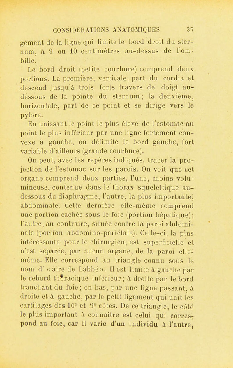 gement de la ligne qui limite le bord droit du ster- num, à 9 ou 10 centimètres au-dessus de l'om- bilic. Le bord droit (petite courbure) comprend deux portions. La première, verticale, pari du cardia et descend jusqu'à trois forts travers de doigt au- dessous de la pointe du sternum; la deuxième, horizontale, part de ce point et se dirige vers le pylore. En unissant le point le plus élevé de l'estomac au point le plus inférieur par une ligne fortement con- vexe à gauche, on délimite le bord gauche, fort variable d'ailleurs (grande courbure). On peut, avec les repères indiqués, tracer la pro- jection de l'estomac sur les parois. On voit que cet organe comprend deux parties, l'une, moins volu- mineuse, contenue dans le thorax squeleltique au- dessous du diaphragme, l'autre, la plus importante, abdominale. Cette dernière elle-même comprend une portion cachée sous le foie (portion hépatique); l'autre, au contraire, située contre la paroi abdomi- nale (portion abdomino-pariétale). Celle-ci, la plus intéressante pour le chirurgien, est superficielle et n'est séparée, par aucun organe, de la paroi elle- même. Elle correspond au triangle connu sous le nom d'« aire de Labbé ». Il est limité à gauche par le rebord thSracique inférieur; à droite par le bord tranchant du foie; en bas, par une ligne passant, à droite et à gauche, par le petit ligament qui unit les cartilages des 10'' et 9 côtes. De ce triangle, le côté le plus important ù connaître est celui qui corres; pond au foie, car il varie d'un individu k l'autre,