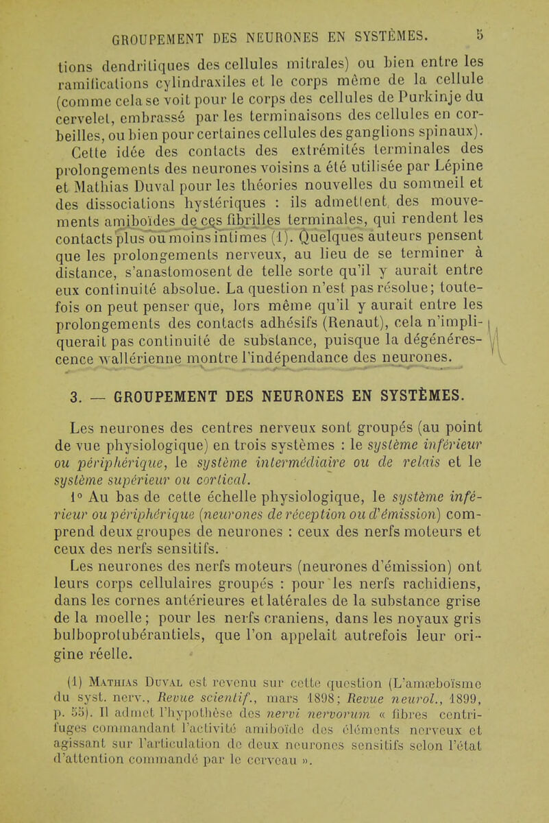 lions dendriliques des cellules miLrales) ou Lien entre les ramilicalions cylindraxiles et le corps môme de la cellule (comme cela se voit pour le corps des cellules de Purkinje du cervelet, embrassé par les terminaisons des cellules en cor- beilles, ou bien pour certaines cellules des ganglions spinaux). Cette idée des contacts des extrémités terminales des prolongements des neurones voisins a été utilisée par Lépine et Mathias Duval pour les théories nouvelles du sommeil et des dissociations hystériques : ils admettent des mouve- ments amiboïdes dec^s fibrijles terminales, qui rendent les contacts plus ou moin^s intimes (1). Quelques auteurs pensent que les prolongements nerveux, au lieu de se terminer à distance, s'anastomosent de telle sorte qu'il y aurait entre eux continuité absolue. La question n'est pas résolue; toute- fois on peut penser que, lors même qu'il y aurait entre les prolongements des contacts adhésifs (Renaut), cela n'impli- querait pas continuité de substance, puisque la dégénéres- cence wallérienue montre l'indépendance des^neurones. 3. — GROUPEMENT DES NEURONES EN SYSTÈMES. Les neurones des centres nerveux sont groupés (au point de vue physiologique) en trois systèmes : le système inférieur ou péripJiérique, le système intermédiaire ou de relais et le système supérieur ou cortical. i'^ Au bas de cette échelle physiologique, le système infé- rieur ou périphérique {neurones de réception ou d'émission) com- prend deux groupes de neurones : ceux des nerfs moteurs et ceux des nerfs sensitifs. Les neurones des nerfs moteurs (neurones d'émission) ont leurs corps cellulaires groupés : pour les nerfs rachidiens, dans les cornes antérieures et latérales de la substance grise de la moelle ; pour les nerfs crâniens, dans les noyaux gris bulboprotubérantiels, que l'on appelait autrefois leur ori- gine réelle. (1) Mathias Duval est revenu sur cette question (L'amœboïsmc du syst. ncrv., Revue scienlif., mars 1898; Revue neuroL, 1899, p. 55). Il admet l'iiypotlièse des nervi nervorum « fibi'es centri- fuges commandant l'activité amiboïdc des éléments nerveux cl agissant sur l'articulation de deux neurones sensitifs selon l'étal d'attention commandé par le cerveau ».