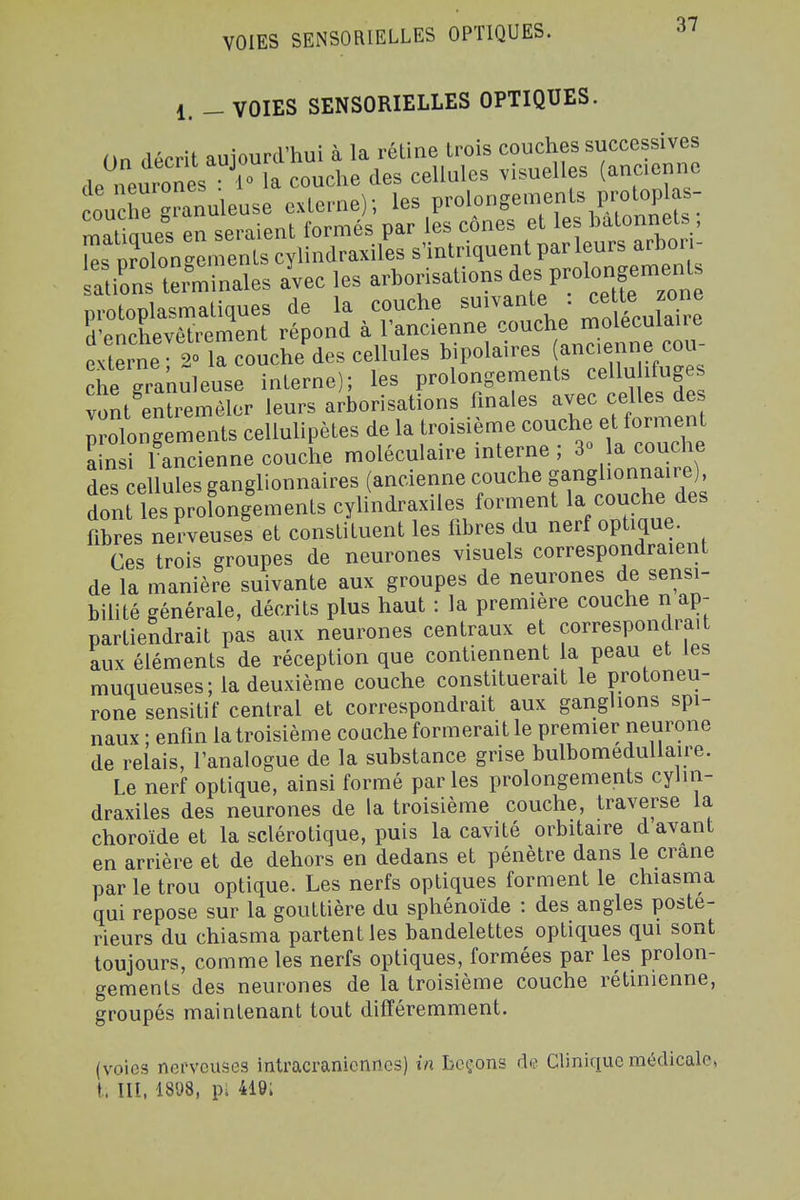 1. - VOIES SENSORIELLES OPTIQUES. On décrit aujourd'hui à la rétine trois couches successives de neurones couche des cellules visuelles (ancienne coure 'ranuleuse externe); les prolongements protoplas- It que^s en seraient formés par les cônes et les batonneb L nrolon-emenls cylindraxiles s'intriquent par leurs arlDoi rtiCs t^inales a\ec les arborisations des prolong^me^^^^^ protoplasmatiques de la couche suivante . te zone d'enchevêtrement répond à l'ancienne couche moleculaiie che Tranuleuse interne); les prolongements cellu ifuges vont enUemélor leurs arborisations finales avec celles de Zlongements cellulipètes de la troisième couche et forment a[nï lancienne couche moléculaire interne ; 3» la couche des cellules ganglionnaires (ancienne couche ganglionnaire), don 1 s prolongements cylindraxiles forment la couche des fibres neïveuses et constituent les fibres du nerf optique. Ces trois groupes de neurones visuels correspondraient de la manière suivante aux groupes de neurones de sensi- bilité générale, décrits plus haut : la première couche n ap- partiendrait pas aux neurones centraux et correspondrait aux éléments de réception que contiennent la peau et les muqueuses; la deuxième couche constituerait le protoneu- rone sensitif central et correspondrait aux ganglions spi- naux ; enfin la troisième couche formerait le premier neurone de relais, l'analogue de la substance grise bulbomeduUaire. Le nerf optique, ainsi formé parles prolongements cylin- draxiles des neurones de la troisième couche, traverse la choroïde et la sclérotique, puis la cavité orbitaire d avant en arrière et de dehors en dedans et pénètre dans le crâne par le trou optique. Les nerfs optiques forment le chiasma qui repose sur la gouttière du sphénoïde : des angles poste- rieurs du chiasma partent les bandelettes optiques qui sont toujours, comme les nerfs optiques, formées par les prolon- gements des neurones de la troisième couche rétinienne, groupés maintenant tout différemment. (voies nerveuises intracranicnnes) in Leçons de Clinique médicale, t. III, 1898, pi 419;