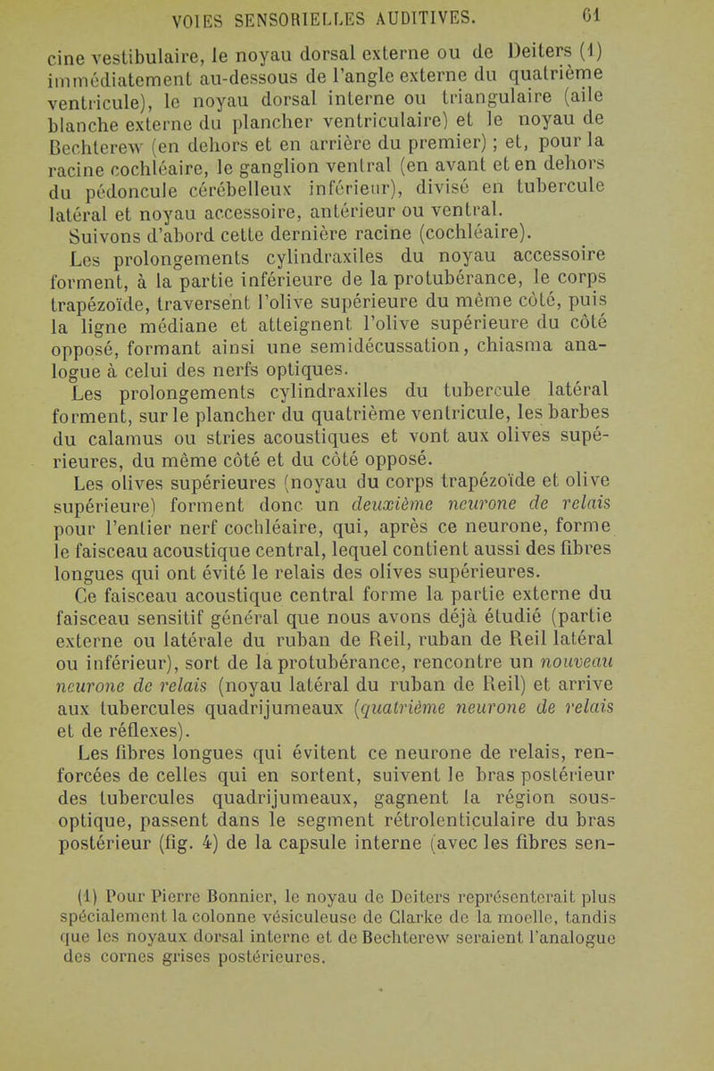 cine vestibulaire, le noyau dorsal externe ou de Deiters (1) Immédiatement au-dessous de l'angle externe du quatrième ventricule), le noyau dorsal interne ou triangulaire (aile blanche externe du plancher ventriculaire) et le noyau de Bechterew (en dehors et en arrière du premier) ; et, pour la racine cochléaire, le ganglion ventral (en avant et en dehors du pédoncule cérébelleux inférieur), divisé en tubercule latéral et noyau accessoire, antérieur ou ventral. Suivons d'abord cette dernière racine (cochléaire). Les prolongements cylindraxiles du noyau accessoire forment, à la partie inférieure de la protubérance, le corps trapézoïde, traversent l'olive supérieure du même côté, puis la ligne médiane et atteignent l'olive supérieure du côté opposé, formant ainsi une semidécussation, chiasma ana- logue à celui des nerfs optiques. Les prolongements cylindraxiles du tubercule latéral forment, sur le plancher du quatrième ventricule, les barbes du calamus ou stries acoustiques et vont aux olives supé- rieures, du même côté et du côté opposé. Les olives supérieures (noyau du corps trapézoïde et olive supérieure) forment donc un deuxième neurone de relais pour l'entier nerf cochléaire, qui, après ce neurone, forme le faisceau acoustique central, lequel contient aussi des fibres longues qui ont évité le relais des olives supérieures. Ce faisceau acoustique central forme la partie externe du faisceau sensitif général que nous avons déjà étudié (partie externe ou latérale du ruban de Reil, ruban de Reil latéral ou inférieur), sort de la protubérance, rencontre un nouveau neurone de relais (noyau latéral du ruban de Reil) et arrive aux tubercules quadrijumeaux {quatrième neurone de relais et de réflexes). Les fibres longues qui évitent ce neurone de relais, ren- forcées de celles qui en sortent, suivent le bras postérieur des tubercules quadrijumeaux, gagnent la région sous- optique, passent dans le segment rétrolenticulaire du bras postérieur (fig. 4) de la capsule interne (avec les fibres sen- (1) Pour Pierre Bonnier, le noyau de Deiters représenterait plus spécialement la colonne vésiculeuse de Clarke de la moelle, tandis que les noyaux dorsal interne et de Bechterew seraient l'analogue des cornes grises postérieures.