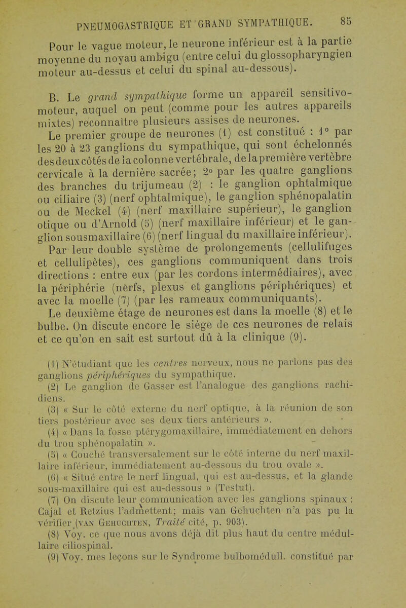 Pour le vague moteur, le neurone inférieur est à la partie moyenne du noyau ambigu (entre celui du glossopharyngien moteur au-dessus et celui du spinal au-dessous). B. Le grand sympathique forme un appareil sensitivo- moteur, auquel on peut (comme pour les autres appareils mixtes) reconnaître plusieurs assises de neurones. Le premier groupe de neurones (1) est constitué : i° par les 20 à 23 ganglions du sympathique, qui sont échelonnés des deux côtés de la colonne vertébral e, de lapremière vertèbre cervicale à la dernière sacrée; 2° par les quatre ganglions des branches du trijumeau (2) : le ganglion ophtalmique ou ciliaire (3) (nerf ophtalmique), le ganglion sphénopalatin ou de Meckel (4) (nerf maxillaire supérieur), le ganglion otique ou d'Arnold (5) (nerf maxillaire inférieur) et le gan- glion sousmaxillaire (6) (nerf lingual du maxillaire inférieur). Par leur double système de prolongements (cellulifuges et cellulipètes), ces ganglions communiquent dans trois directions : entre eux (par les cordons intermédiaires), avec la périphérie (nerfs, plexus et ganglions périphériques) et avec la moelle (7) (par les rameaux communiquants). Le deuxième étage de neurones est dans la moelle (8) et le bulbe. On discute encore le siège de ces neurones de relais et ce qu'on en sait est surtout dû à la clinique (9). (1) N'étudiant que les centres nerveux, nous ne parlons pas des ganglions périphériques du sympatlrique. (2) Le ganglion de Casser est l'analogue des ganglions rachi- dicns. (3) « Sur le eùLé externe du nerf optique, à la réunion de son tiers postérieur avec ses deux tiers antérieurs ». (4) « Dans la fosse ptérygomaxillaire, immédiatement en dehors du trou sphénopalatin ». (5) « Couché transversalement sur le côté interne du nerf maxil- laire inférieur, immédiatement au-dessous du trou ovale ». (6) « Situé entre le nerf lingual, qui est au-dessus, et la glande sous-maxillaire qui est au-dessous » (Testut). (7) On discute leur communication avec les ganglions spinaux : Cajal et Retzius l'admettent; mais van Cehuchten n'a pas pu la vérifier jvAN Cehucuten, Traité cité, p. 903). (8) VÔy. ce que nous avons déjà dit plus haut du centre médul- laire cilio.spinal. (9) Voy. mes leçons sur le Syndrome bulboraédull. constitué par