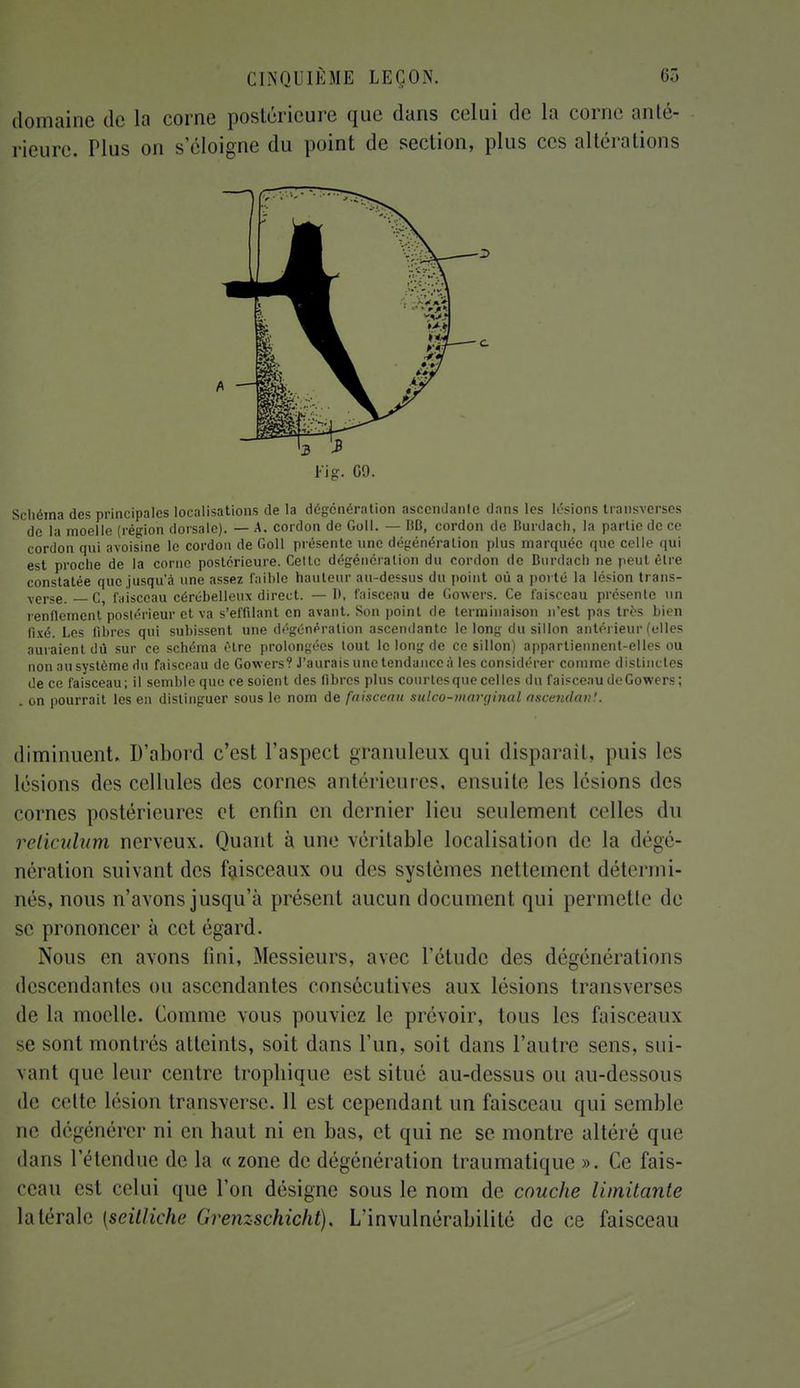 domaine de la corne postérieure que dans celui de la corne anté- rieure. Plus on s'éloigne du point de section, plus ces altérations Fig. 09. Schéma des principales localisations de la dégénération ascendante dans les lésions transverses de la moelle (région dorsale). — A. cordon de Goll. — BB, cordon de Burdach, la partie de ce cordon qui avoisine le cordon de Goll présente une dégénération plus marquée que celle qui est proche de la corne postérieure. Celte dégénération du cordon de Burdach ne peut être constatée que jusqu'à une assez faible hauteur au-dessus du point où a porté la lésion trans- verse. c, faisceau cérébelleux direct. — D, faisceau de Gowers. Ce faisceau présente un renflement poslérieur et va s'effilant en avant. Son point de terminaison n'est pas très bien fixé. Les fibres qui subissent une dégénéralion ascendante le long du sillon antérieur (elles auraient dû sur ce schéma ttrc prolongées tout le long de ce sillon) appartiennent-elles ou non au système «lu faisceau de Gowers? J'aurais une tendance à les considérer comme distinctes de ce faisceau; il semble que ce soient des fibres plus courtes que celles du faisceau de Gowers; . on pourrait les en distinguer sous le nom de faisceau sulco-maryinal ascendant. diminuent. D'abord c'est l'aspect granuleux qui disparaît, puis les lésions des cellules des cornes antérieures, ensuite les lésions des cornes postérieures et enfin en dernier lieu seulement celles du reliculum nerveux. Quant à une véritable localisation de la dégé- nération suivant des faisceaux ou des systèmes nettement détermi- nés, nous n'avons jusqu'à présent aucun document qui permette de se prononcer à cet égard. Nous en avons fini, Messieurs, avec l'étude des dégénérât ions descendantes ou ascendantes consécutives aux lésions transverses de la moelle. Comme vous pouviez le prévoir, tous les faisceaux se sont montrés atteints, soit dans l'un, soit dans l'autre sens, sui- vant que leur centre tropbique est situé au-dessus ou au-dessous de celte lésion transverse. 11 est cependant un faisceau qui semble ne dégénérer ni en haut ni en bas, et qui ne se montre altéré que dans l'étendue de la « zone de dégénération traumatique ». Ce fais- ceau est celui que l'on désigne sous le nom de couche limitante latérale [seitliche (irenzschicht). L'invulnérabilité de ce faisceau