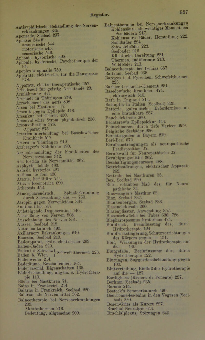 Antisyphilitische Behandlung der Nerven- erkrankungen 345. Apenrade, Seebad 237. Aphasie 544 ff. amnestische 544. motorische 545. sensorische 546. Aphonie, hysterische 422. Aphonie, hysterische, Psychotherapie dei 94. Apoplexia spinalis 759. _ Apparate, elektrische, für die Hauspraxis 278. Apparate, elektro-therapeutische 257. Arbeitszeit für geistig Arbeitende 29. Armlähmung 641. Arnstadt in Thüringen 218. Arrachement des nerfs 808. Arsen bei Mastkuren 77. Arsenik gegen Epilepsie 443. Arsenkur bei Chorea 450. Arsonvarscher Strom, physikalisch 256. Arsonvalisation 326. Apparat 275. Arterienunterbindung hei Basedow'scher Krankheit 517. Aitern in Thüringen 219. Arzberger’s Kühlhirne 190. Arzneibehaudlung der Krankheiten des Nervensystems 342. Asa foetida als Nervenmittel 362. Asphyxie, lokale 483. Astasia hysterica 421. Asthma de foin 490 Ataxie, heriditäre 744. Ataxie locomotrice 690. Athetosis 452. Atmospliärendruek, Spinalerkrankung durch Schwankung des — 760. Atropin gegen Nervenleiden 364. Audi-inutitas 547. Aufsteigende Degeneration 746. Ausreißung von Nerven 808. Ausschabung des Nerven 851. • Aussee, Soolbad 219. Autumnalkatarrh 490. Axillarnerv Erkrankungen 640. Baassen, Soolbad 219. Badeapparat, hydro-elektrischer 269. Baden-Baden 220. Baden i. d. Schweiz | Schwe{elthermeu 223- Baden b. Wien ) Badenweiler 214. Baderäume, Beschaffenheit 164. Badepersonal, Eigenschaften 165. Bäderbehandlung, allgem. s. Hydrothera- pie 110. Bäder hei Mastkuren 71. Bains in Frankreich 214. Balaruc in Frankreich, Soolbad 220. Baldrian als Nervenmittel 362. Balneotherapie bei Nervenerkrankungen 209. Akratothermen 213. Bedeutung, allgemeine 209. Balneotherapie bei Nervenerkrankungen Kohlensäure als wichtiges Moment bei Soolbädern 217. Kohlensäure Bäder, Herstellung 222. Sandhäder 224. Schwefelbäder 223. Soolbäder 216. Künstliche Bereitung 221. Thermen, indifferente 213. Wildbäder 213. Balneotherapie bei Ischias 657. Baitrum, Seebad 235. Baregesi. d. Pyrenäen, Schwefelthermen 223. Barbier-Leclanche-Element 251. Basedow’sche Krankheit 474. —, chirurgisch 510. Bath in England 214. Battaglia in Italien (Soolbad) 220. Batterie, galvanische, Erfordernisse an eine brauchbare 257. Bauchelektrode 260. Bechterew's Epilepsiekur 444. Beinschmerzen durch tiefe Varicen 659. Belgische Seebäder 236. Berchtesgaden in Bayern 219. Beri-Beri 672. Berufsanstrengungen als neuropathische Prädisposition 27. Berufswahl für Neuropathische 22. Beruhigungsmittel 362. Beschäftigungsneurosen 488. Betriebsstörungen, elektrischer Apparate 262. Bettruhe bei Mastkuren 55. Bex, Soolbad 220. Bier, erlaubtes Maß des, für Neuro- pathische 34. Binswanger's Mastkur 62. Binz, Seebad 237. Blankenberghe, Seebad 236. Blasenelektrode 260. Blasenpflaster, Anwendung 357. _ Blasenschwäche bei Tabes 696, 726. Blepharospasmus hystericus 424. Blutdruck, Beeinflussung des, durch Hydrotherapie 124. Blutdrucksteigerung, Schutzvorrichtungen des Körpers gegen — 131. Blut, Wirkungen der Hydrotherapie auf das — 140. Blutgefäße, Beeinflussung der, durch Hydrotherapie 122. Blutungen, Suggestionsbehandlung gegen 100. Blutverteilung, Einfluß der Hydrotherapie auf die — 127. Bordighera (Riviera di Ponente) 227. Borkum (Seebad) 235. Bormio 214. Bostock's Sommerkatarrh 490. Bourbonne-les-bains in den Vogesen (Sool- bad) 220. Bozen-Gries als Kurort 227. Bracliial-Neuralgie 644. Brachialplexus, Störungen 640.