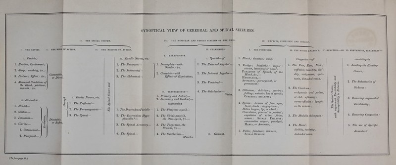 SYNOPTICAL VIEW OF CEREBKAL AND SPINAL SEIZURES. I. THE CAUSES. I. THE MODE OF ACTION. II. THE MEDIUM OF ACTION. I. Centric; 1. Emotion, Excitement; ^ 2. Sleep; awaking, ^-c., o D / r-jr , s \ Catastallic, 3. Posture; Effort; S>c.;^ or Direct, •i Abnormal Conditions of the Blood; plethora ; ancBmia; S)-c. j II. Ex-centric ; 1. Dental— ^ 2. Gastric— 3. Intestinal— 4. Uterine— 1. Catamenial— 2. Puerperal— J I. Esodic Nerves, viz. 1. The Trifacial— 2. The Pneumogastric— 3. The Spinal— Diastaltic, / ) or Refler, 8 e ss e .s 1^ II. Exodic Nerves, viz. 1. The Recurrent— 2. The Intercostal— 3. The Abdominal—. EFFECTS, SYMPTOMIC AND ORBANIC. LARYNGISMUS. 1. The DescendensFacialis— 2. The Descendens Hypo- glossalis ?— 3. The Spinal Accessory— 4. The Spinal—• 1. Incomplete—with Stridor ; S^c. 2. Complete—with Efforts of Expiration ; II. TRACHELISMUS—■ 1. Primary and Latent,— 2. Secondary and Evident,— contracting 1. The Platysma myoid— 2. The Cleido-mastoid, the Omo-hyoid, ^c.— 3. The Trapezius, the Scaleni, Sfc.— 4. The Subclavian- II. PHLEBISMUS. I. Special—of 1. The External Jugular— 2. The Internal Jugular— 3. The Vertebral^ 4. The Subclavian- Veins. II. General. THE SYMPTOMS. 1. Flocci; tinnitus; aura; 2. Vertigo; headache ; stupor ; stertor, laryngeal or nasal; Paralysis of Speech, of the Hand, Sfc,—. Hemiplegia,— Apoplexy,—paroxysmal, or permanent; 3. Oblivium; delirium; spectra; falling ; nutatio ; loss oj speech ; Cerebral epilepsy ; 4. Spasm; torsion of face, eyes. Neck, Ihnbs ; lary)igismus ; Bitten tongue, lip, or cheek ; Convulsion, general or partial; expulsion of urine, fceces, semen; Spinal Epilepsy ; consecutive stupor, paralysis, Mania, or Amentia; 5. Pallor, faintness, sickness, Spinal Syncope. II. THE MOKEID ANATOMY. V. REACTION on VI. PREVENTION, TKEAT.MENT- Congeslion—of 1. The Face, Eyes, Neck; suffusion, tumidity, livi- dily, ecchymosis, epis- taxis, distended veins ; 2. The Cerebrum; ecchymosis—red points, or clot; softening ; serous effusion; lymph in the arteries ; 3. The Medulla oblongata ; 4. The Hand; lividity, tumidity, distended veins. s .a -s S I a -5S consisting in 1. Avoiding the Exciting Causes ; 2. The Substitution of Sickness ; 3. Removing augmented Excitability ; 4. Removing Congestion; 5. The use of Specific Remedies ? Muscles. ( To face page 35.)