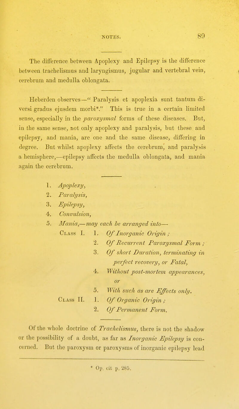 80 The difference between Apoplexy and Epilepsy is the difference between trachelismus and laryngismus, jugular and vertebral vein, cerebrum and medulla oblongata. Heberden observes— Paralysis et apoplexia sunt tantnm di- versi gradus ejusdem morbi*. This is true in a certain limited sense, especially in the paroxysmal forms of these diseases. But, in the same sense, not only apoplexy and paralysis, but these and epilepsy, and mania, are one and the same disease, differing in degree. But whilst apoplexy affects the cerebrum, and paralysis a hemisphere,—epilepsy affects the medulla oblongata, and mania again the cerebrum. 1. Apoplexy^ 2. Paralysis, 3. Epilepsy, 4. Convulsion, 5. Mania,— may each be arranged into—■ Class I. 1. Of Inorganic Origin; 2. Of Recurrent Paroxysmal Form ; 3. Of short Duration, terminating in perfect recovery, or Fatal, 4. Without post-mortem appearances, or 5. With such as are Fleets only. Class II. 1. Of Organic Origin; 2. Of Permanent Form. Of the whole doctrine of Trachelismus, there is not the shadow or the possibility of a doubt, as far as Inorganic Epilepsy is con- cerned. But the paroxysm or paroxysms of inorganic epilepsy lead • Oi). cil p. '285.