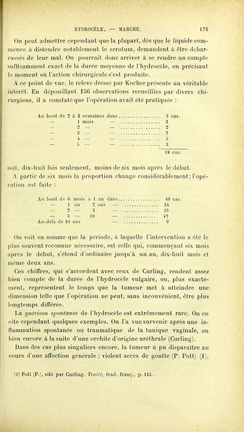 On peut admettre cependant que la plupart, dès que le liquide com- mence à distendre notablement le scrotum, demandent à être débar- rassés de leur mal. On pourrait donc arriver à se rendre un compte suffisamment exact de la durée moyenne de l'hydrocèle, en précisant le moment où l'action chirurgicale s'est produite. A ce point de vue, le relevé dressé par Kocher présente un véritable intérêt. En dépouillant 136 observations recueillies par divers chi- rurgiens, il a constaté que l'opération avait été pratiquée : Au bout de 2 à 3 semaines dans 3 cas. — 1 mois — 3 -- 2— — 2 — 3 — — 2 — 4— — 5 — ô— — 3 18 cas. soit, dix-huit fois seulement, moins de six mois après le début. A partir de six mois la proportion change considérablement; l'opé- ration est faite : Au bout de 6 mois à 1 an dans 40 cas. — 1 an 2 ans — 34 — 2 — 3 — 13 — 3 — 10 — 42 Au-delà de 10 ans — 9 On voit en somme que la période, à laquelle l'intervention a été le plus souvent reconnue nécessaire, est celle qui, commençant six mois après le début, s'étend d'ordinaire jusqu'à un an, dix-huit mois et même deux ans. Ces chiflfres, qui s'accordent avec ceux de Curling, rendent assez bien compte de la durée de l'hydrocèle vulgaire, ou, plus exacte- ment, représentent le temps que la tumeur met à atteindre une dimension telle que l'opération ne peut, sans inconvénient, être plus longtemps différée. La guérison spontanée de l'hydrocèle est extrêmement rare. On en cite cependant quelques exemples. On l'a vue survenir après une in- flammation spontanée ou traumatique de la tunique vaginale, ou bien encore à la suite d'une orchite d'origine uréthrale (Curling). Dans des cas plus singuliers encore, la tumeur a pu disparaître au cours d'une affection générale : violent accès de goutte (P. Pott) (1), (I) Pott (P.), cité par Curling. Trcùlc, trad. franç., p. 115.