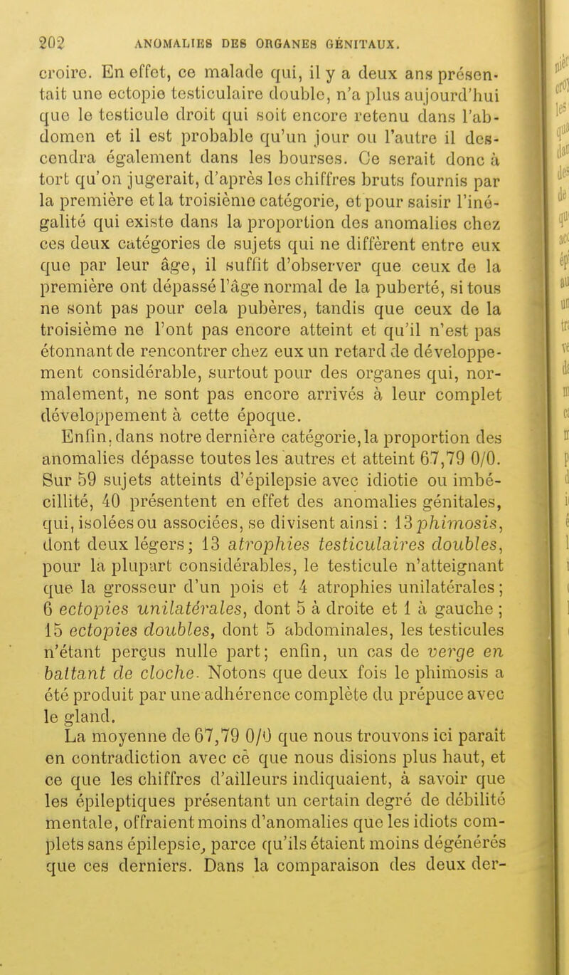 croire. En effet, ce malade qui, il y a deux ans présen- tait une ectopie testiculaire double, n'a plus aujourd'hui que le testicule droit qui soit encore retenu dans l'ab- domen et il est probable qu'un jour ou l'autre il des- cendra également dans les bourses. Ce serait donc à tort qu'on jugerait, d'après les chiffres bruts fournis par la première et la troisième catégorie, et pour saisir l'iné- galité qui existe dans la proportion des anomalies chez ces deux catégories de sujets qui ne diffèrent entre eux que par leur âge, il suffit d'observer que ceux de la première ont dépassé l'cige normal de la puberté, si tous ne sont pas pour cela pubères, tandis que ceux de la troisième ne l'ont pas encore atteint et qu'il n'est pas étonnant de rencontrer chez eux un retard de développe- ment considérable, surtout pour des organes qui, nor- malement, ne sont pas encore arrivés à leur complet développement à cette époque. Enfin, dans notre dernière catégorie,la proportion des anomalies dépasse toutes les autres et atteint 67,79 0/0. Sur 59 sujets atteints d'épilepsie avec idiotie ou imbé- cillité, 40 présentent en effet des anomalies génitales, qui, isolées ou associées, se divisent ainsi : 13 p/iimosi.s, dont deux légers; 13 atrophies testiculaires doubles, pour la plupart considérables, le testicule n'atteignant que la grosseur d'un pois et 4 atrophies unilatérales ; 6 ectopies unilatérales, dont 5 à droite et 1 à gauche ; 15 ectopies doubles, dont 5 abdominales, les testicules n'étant perçus nulle part; enfin, un cas de verge en battant de cloche. Notons que deux fois le phimosis a été produit par une adhérence complète du prépuce avec le gland. La moyenne de 67,79 0/0 que nous trouvons ici paraît en contradiction avec cè que nous disions plus haut, et ce que les chiffres d'ailleurs indiquaient, à savoir que les épiloptiques présentant un certain degré de débilité mentale, offraient moins d'anomalies que les idiots com- plets sans épilepsie^ parce ((u'ils étaient moins dégénérés que ces derniers. Dans la comparaison des deux der-