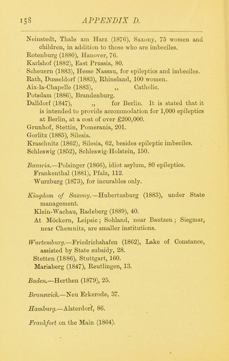 Neinstedt, Thale am Harz (1876), Saxony, 75 women and children, in addition to those who are imbeciles. Rotenburg (1880), Hanover, 76. Karlshof (1882), East Prussia, 80. Scheuern (1883), Hesse Nassau, for epileptics and imbeciles. Rath, Dusseldorf (1883), Rhineland, 100 women. Aix-la-Chapelle (1883), ,, Catholic. Potsdam (1886), Brandenburg. Dalldorf (1847), „ for Berlin. It is stated that it is intended to provide accommodation for 1,000 epileptics at Berlin, at a cost of over £200,000. Grunhof, Stettin, Pomerania, 201. GorUtz (1885), Silesia. Kraschnitz (1862), Silesia, 62, besides epUcptic imbeciles. Schleswig (1852), Schleswig-Holstein, 150. Bavaria.—Polsinger (1866), idiot asylum, 80 epileptics. Frankenthal (1881), Pfalz, 112. Wurzburg (1873), for incurables only. Kingdom of Saxomj.—Hubertusburg (1883), under State management. Klein-Wachau, Radeberg (1889), 40. At Mockern, Leipsic; Sohland, near Bautzen; Siegmar, near Chemnitz, are smaller institutions. Pr«riem6nr3.—Friedrichshafen (1862), Lake of Constance, assisted by State subsidy, 28. Stetten (1886), Stuttgart, 160. Mariaberg (1847), Reutlingen, 13. BacZen.—Herthen (1879), 25. Brunswick.—Neu Erkerode, 37. Hambwg.—Alsterdorf, 86. Franlfort on the Main (1864).