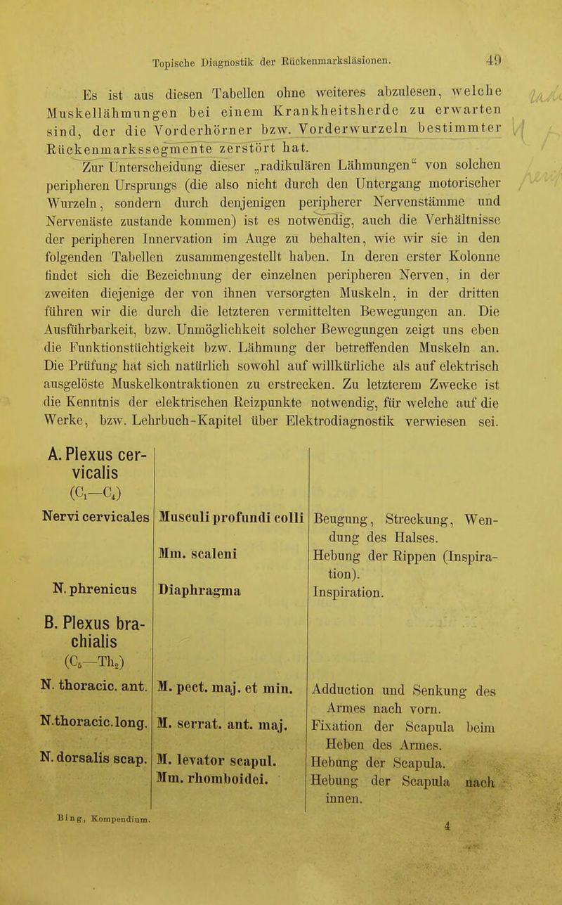 Es ist aus diesen Tabellen ohne weiteres abzulesen, welche Muskellähmungen bei einem Krankheitsherde zu erwarten sind, der die Vorderhörner bzw. Vorderwurzeln bestimmter Rückenmarkssegmente zerstört hat. Zur Unterscheidung dieser „radikulären Lähmungen von solchen peripheren Ursprungs (die also nicht durch den Untergang motorischer Wurzeln, sondern durch denjenigen peripherer Nervenstämme und Nervenäste zustande kommen) ist es notwendig, auch die Verhältnisse der peripheren Innervation im Auge zu behalten, wie Avir sie in den folgenden Tabellen zusammengestellt haben. In deren erster Kolonne findet sich die Bezeichnung der einzelnen peripheren Nerven, in der zweiten diejenige der von ihnen versorgten Muskeln, in der dritten führen wir die durch die letzteren vermittelten Bewegungen an. Die Ausführbarkeit, bzw. Unmöglichkeit solcher Bewegungen zeigt uns eben die Funktionstüchtigkeit bzw. Lähmung der betreffenden Muskeln an. Die Prüfung hat sich natürlich sowohl auf willkürliche als auf elektrisch ausgelöste Muskelkontraktionen zu erstrecken. Zu letzterem Zwecke ist die Kenntnis der elektrischen Reizpunkte notwendig, für welche auf die Werke, bzw. Lehrbuch-Kapitel über Elektrodiagnostik verwiesen sei. A. Plexus cer- vicalis (C-C,) Nervi cervicales N. phrenicus B. Plexus bra- chialis (C,-Th,) N. thoracic, ant. N.thoracic.long. N. dorsalis scap. Bing, Kompendium. Musculi profundi colli Mm. scaleni Diaphragma M. pect. maj. et min. M. serrat. ant. maj. M. levator scapul. Mm. rhomboidei. Beugung, Streckung, Wen- dung des Halses. Hebung der Rippen (Inspira- tion). Inspiration. Adduction und Senkung des Armes nach vorn. Fixation der Scapula beim Heben des Armes. Hebung der Scapula. Hebung der Scapula nach innen.