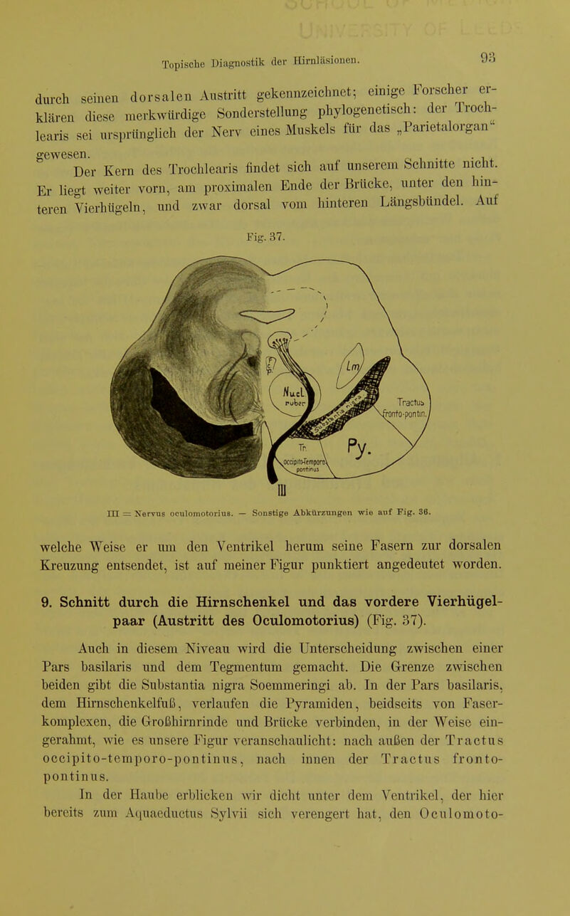 9:-i durch seinen dorsalen Anstritt gekennzeichnet; einige Forscher er- klären diese merkwürdige Sonderstellung phylogenetisch: der Iroch- learis sei ursprünglich der Nerv eines Muskels für das „Parietulorgan gewesen. Der Kern des Trochlearis findet sich auf unserem Schnitte nicht. Er liegt weiter vorn, am proximalen Ende der Brücke, unter den hin- teren Vierhügeln, und zwar dorsal vom hinteren Längsbündel. Auf Fig. 37. TTT = NerTUs oculomotorius. — Sonstige Abkürzungen wie auf Fig. 36. welche Weise er um den Ventrikel herum seine Fasern zur dorsalen Kreuzung entsendet, ist auf meiner Figur punktiert angedeutet worden. 9. Schnitt durch die Hirnschenkel und das vordere Vierhügel- paar (Austritt des Oculomotorius) (Fig. 37). Auch in diesem Niveau wird die Unterscheidung zwischen einer Pars basilaris und dem Tegmentum gemacht. Die Grenze zwischen beiden gibt die Substantia nigra Soemmeringi ab. In der Pars basilaris, dem Hirnschenkelfuß, verlaufen die Pyramiden, beidseits von Faser- komplexen, die Großhirnrinde und Brücke verbinden, in der Weise ein- gerahmt, wie es unsere Figur veranschaulicht: nach außen der Tractus occipito-temporo-pontinus, nach innen der Tractus fronto- pontinus. In der Haube erblicken wir dicht unter dem Ventrikel, der hier bereits zum Aquaeductus Sylvii sich verengert hat, den Oculomoto-