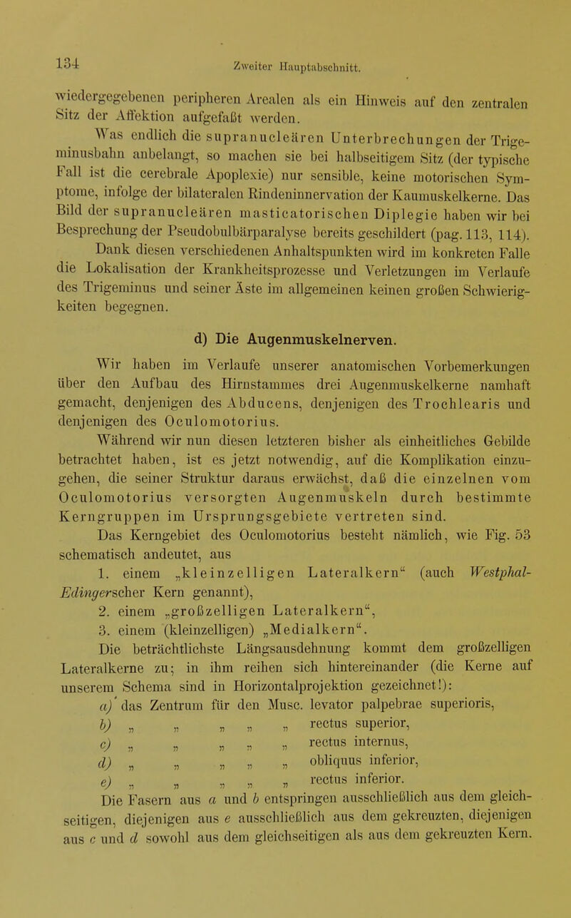 wiedergeg-cbenen peripheren Arealen als ein Hinweis auf den zentralen Sitz der AÖektion aufgefaßt werden. Was endlich die supranucleären Unterbrechungen der Trige- minusbahn anbelangt, so machen sie bei halbseitigem Sitz (der typische Fall ist die cerebrale Apoplexie) nur sensible, keine motorischen Sym- ptome, infolge der bilateralen Rindeninnervation der Kaumuskelkerne. Das Bild der supranucleären masticatorischen Diplegie haben wir bei Besprechung der Pseudobulbärparalyse bereits geschildert (pag. 113, 114). Dank diesen verschiedenen Anhaltspunkten wird im konkreten Falle die Lokalisation der Krankheitsprozesse und Verletzungen im Verlaufe des Trigeminus und seiner Äste im allgemeinen keinen großen Schwierig- keiten begegnen. d) Die Augenmuskelnerven. Wir haben im Verlaufe unserer anatomischen Vorbemerkungen über den Aufbau des Hirnstammes drei Augenmuskelkerne namhaft gemacht, denjenigen des Abducens, denjenigen des Trochlearis und denjenigen des Oculomotorius. Während wir nun diesen letzteren bisher als einheitliches Gebilde betrachtet haben, ist es jetzt notwendig, auf die Komplikation einzu- gehen, die seiner Struktur daraus erwächst, daß die einzelnen vom Oculomotorius versorgten Augenmuskeln durch bestimmte Kerngruppen im Ursprungsgebiete vertreten sind. Das Kerngebiet des Oculomotorius besteht nämlich, wie Fig. 53 schematisch andeutet, aus 1. einem „kleinzelligen Lateralkern (auch Westphal- EdingerschQv Kern genannt), 2. einem „großzelligen Lateralkern, 3. einem (kleinzelligen) „Medialkern. Die beträchtlichste Längsausdehnung kommt dem großzelligen Lateralkerne zu; in ihm reihen sich hintereinander (die Kerne auf unserem Schema sind in Horizontalprojektion gezeichnet!): «/das Zentrum für den Muse, levator palpebrae superioris, b) „ „ „ „ „ rectus superior, c) „ „ „ „ „ rectus internus, d) ^ „ „ „ „ obliquus inferior, e) „ „ „ „ „ rectus inferior. Die Fasern aus a und b entspringen ausschließlich aus dem gleich- seitigen, diejenigen aus e ausschließlich aus dem gekreuzten, diejenigen aus c und d sowohl aus dem gleichseitigen als aus dem gekreuzten Kern.