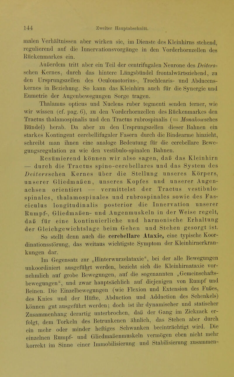 malen Verhältnissen aber wirken sie, im Dienste des Kleinhirns stehend, regulierend auf die Innervationsvorgänge in den Vorderhornzellen des Rückenmarkes ein. Außerdem tritt aber ein Teil der centrifugalen Neurone des Deiters- schcn Kernes, durch das hintere Längsbündel frontalwärtsziehend, zu den Ursprungszellen des Oculomotorius-, Trochlearis- und Abducens- kernes in Beziehung. So kann das Kleinhirn auch für die Synergie und Eumetrie der Augenbewegungen Sorge tragen. Thalamus opticus und Nucleus ruber tegmenti senden femer, wie wir wissen (cf. pag. 6), zu den Vorderhornzellen des Rückenmarkes den Tractus thalamospinalis und den Tractus rubrospinalis (= Monakow&c\iQ^ Bündel) herab. Da aber zu den Ursprungszellen dieser Bahnen ein starkes Kontingent cerebellifugaler Fasern durch die Bindearme hinzieht, schreibt man ihnen eine analoge Bedeutung für die cerebellare Bewe- gungsregulation zu wie den vestibulo-spinalen Bahnen. Resümierend können wir also sagen, daß das Kleinhirn — durch die Tractus spino-cerebellares und das System des i)ei^ersschen Kernes über die Stellung unseres Körpers, unserer Gliedmaßen, unseres Kopfes und unserer Augen- achsen orientiert — vermittelst der Tractus vestibulo- spinales, thalamospinales und rubrospinales sowie des Fas- ciculus longitudinalis posterior die Innervation unserer Rumpf-, Gliedmaßen- und Augenmuskeln in der Weise regelt, daß für eine kontinuierliche und harmonische Erhaltung der Gleichgewichtslage beim Gehen und Stehen gesorgt ist. So stellt denn auch die cerebellare Ataxie, eine typische Koor- dinationsstörung, das weitaus wichtigste Symptom der Kleinhirnerkran- kungen dar. Im Gegensatz zur „Hinterwurzelataxie, bei der alle Bewegungen unkoordiniert ausgeführt werden, bezieht sich die Kleinhirnataxie vor- nehmlich auf grobe Bewegungen, auf die sogenannten „Gemeinschafts- bewegungen, und zwar hauptsächlich auf diejenigen von Rumpf und Beinen. Die Einzelbewegungen (wie Flexion und Extension des Fußes, des Knies und der Hüfte, Abduction imd Adduction des Schenkels) können gut ausgeführt werden; doch ist ihr dynamischer und statischer Zusammenhang derartig unterbrochen, daß der Gang im Zickzack er- folgt, dem Torkeln des Betrunkenen ähnlich, das Stehen aber durch ein'' mehr oder minder heftiges Schwanken beeinträchtigt wird. Die einzelnen Rumpf- und Gliedmaßen muskeln vermögen eben nicht mehr korrekt im Sinne einer Immobilisierung und Stabilisierung zusammen-