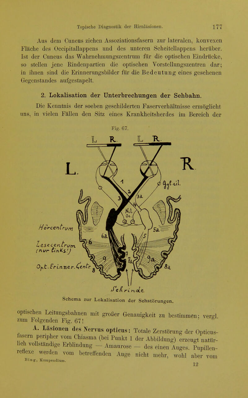 Aus dem Cuneus ziehen Assoziationsfasern zur lateralen, konvexen Fläche des Occipitallappens und des unteren Scheitellappens herüber. Ist der Cuneus das Wahrnehmungszentrum für die optischen Eindrücke, so stellen jene Rindeupartien die optischen Vorstellungszentren dar; in ihnen sind die Erinnerungsbilder für die Bedeutung eines gesehenen Gegenstandes aufgestapelt. 2. Lokalisation der Unterbrechungen der Sehbahn, Die Kenntnis der soeben geschilderten Faserverhältnisse ermöglicht uns, in vielen Fällen den Sitz eines Krankheitsherdes im Bereich der Hofcentrutn Lzse czn.trutn. (nur CinKs.'J Schema zur Lokalisation der Sehstörungen. optischen Leitungsbahnen mit großer Genauigkeit zu bestimmen: vergl zum Folgenden Fig. 67! i b • A. Läsionen des Nervus opticus: Totale Zerstörung der Opticus- fasern peripher vom Chiasma (bei Punkt 1 der Abbildung) erzeugt natür- lich vollständige ErWindung - Amaurose - des einen Auges. Pupillen- reflexe werden vom betreffenden Auge nicht mehr, wohl aber vom Bing, Kompendium. 12