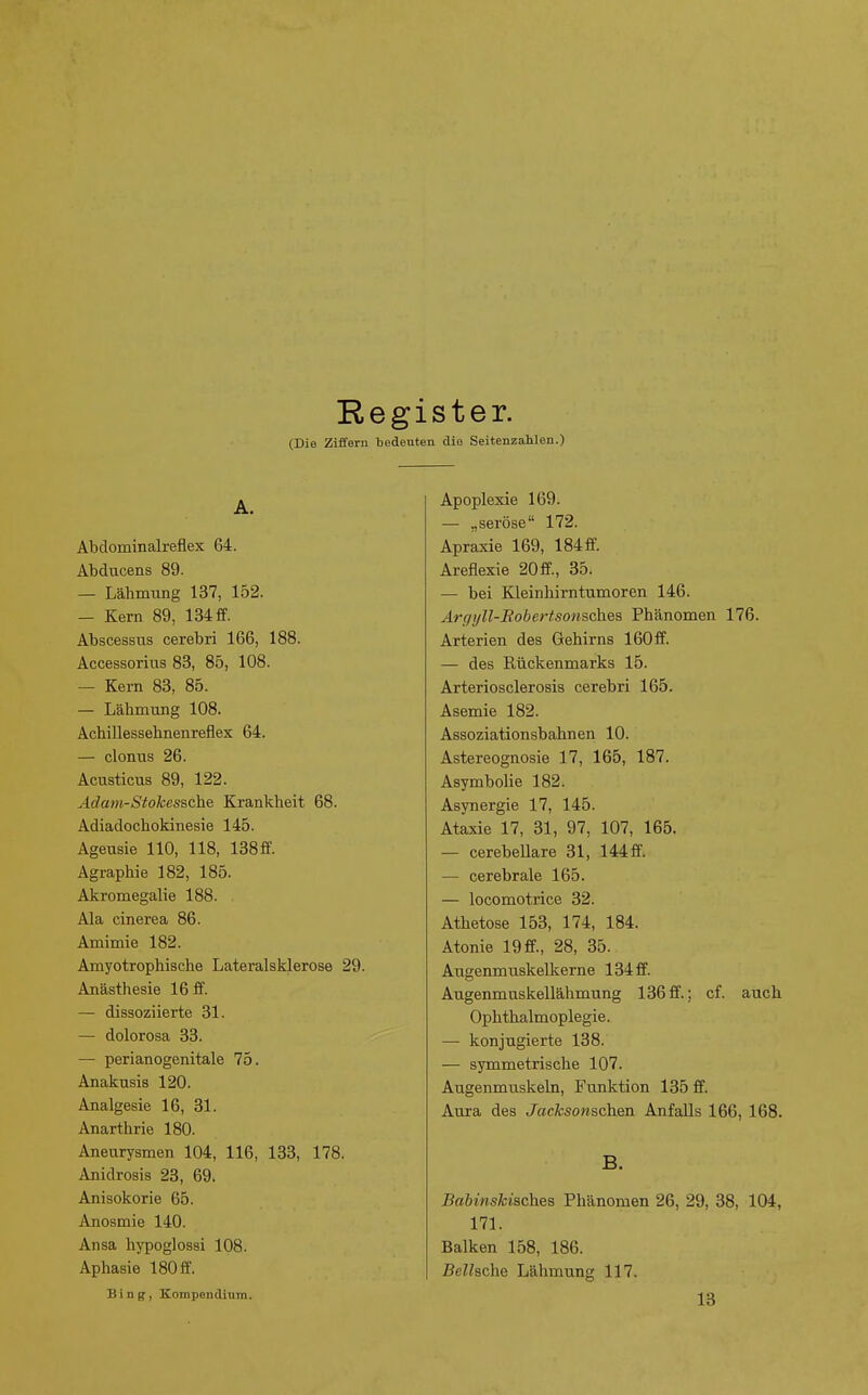 (Die Ziffern bedeuten die Seitenzahlen.) A. Abdominalreflex 64. Abducens 89. — Lähmixng 137, 152. — Kern 89, 134 ff. Abscessus cerebri 166, 188. Accessorius 83, 85, 108. — Kern 83, 85. — Lähmung 108. Achillessehnenreflex 64. — clonus 26. AcusticTis 89, 122. Adam-Stokessche Krankheit 68. Adiadochokinesie 145. Ageusie 110, 118, 138ff. Agraphie 182, 185. Akromegalie 188. Ala cinerea 86. Amimie 182. Amyotrophische Lateralsklerose 29. Anästhesie 16 ff. — dissoziierte 31. — dolorosa 33. — perianogenitale 75. Anakusis 120. Analgesie 16, 81. Anarthrie 180. Aneurysmen 104, 116, 133, 178. Anidrosis 23, 69. Anisokorie 65. Anosmie 140. Ansa hypoglossi 108. Aphasie 180 ff. Bing, Kompendium. Apoplexie 169. — „seröse 172. Apraxie 169, 184ff Areflexie 20ff., 35. — bei Kleinhirntumoren 146. Arf/yll-JRobertsonsches Phänomen 176. Arterien des Gehirns 160 ff. — des Rückenmarks 15. Arteriosclerosis cerebri 165. Asemie 182. Assoziationsbahnen 10. Astereognosie 17, 165, 187. Asymbolie 182. Asynergie 17, 145. Ataxie 17, 31, 97, 107, 165. — cerebellare 31, 144 ff. — cerebrale 165. — locomotrice 32. Athetose 153, 174, 184. Atonie 19 ff., 28, 35. Augenmuskelkerne 134 ff. Augenmuskellähmung 136 ff.; cf. auch Ophthalmoplegie. — konjugierte 138. — symmetrische 107. Augenmuskeln, Funktion 135 ff. Aura des Jacksonschsn Anfalls 166, 168. B. Babinskisches Phänomen 26, 29, 38, 104, 171. Balken 158, 186. jBeWsche Lähmung 117. 13