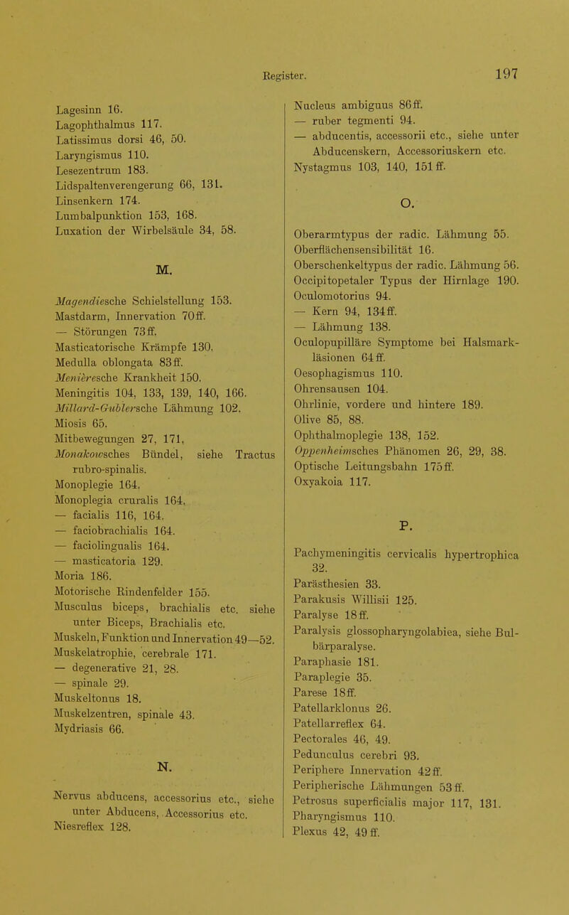 Lagesinn 16. Lagophthalmus 117. Latissimus dorsi 46, 50. Laryngismus 110. Lesezentrum 183. Lidspaltenverengerung 66, 131. Linsenkern 174. Lumbalpunktion 153, 168. Luxation der Wirbelsäule 34, 58. M. Maffendieache Schielstellung 153. Mastdarm, Innervation 70ff. — Störungen 73 ff. Masticatorische Krämpfe 130. Medulla oblongata 83 ff. Menieresche Krankheit 150. Meningitis 104, 133, 139, 140, 166. Millard-G^udlersche Lähmung 102. Miosis 65. Mitbewegungen 27, 171, 3£onakotvsches Bündel, siehe Tractus rubro-spinalis. Monoplegie 164. Monoplegia cruralis 164. — facialis 116, 164. — faciobrachialis 164. — faciolingualis 164. — masticatoria 129. Moria 186. Motorische Rindenfelder 155. Musculus biceps, brachialis etc. siehe unter Biceps, Brachialis etc. Muskeln, Funktion und Innervation 49—52. Muskelatrophie, cerebrale 171. — degenerative 21, 28. — spinale 29. Muskeltonus 18. Muskelzentren, spinale 43. Mydriasis 66. N. Nervus abducens, accessorius etc., siehe unter Abducens, Accessorius etc. Niesreflex 128. Nucleus ambiguus 86 ff. — ruber tegmenti 94. — abducentis, accessorii etc., siehe unter Abducenskern, Accessoriuskern etc. Nystagmus 103, 140, 151 ff. O. Oberarmtypns der radic. Lähmung 55. Oberflächensensibilität 16. Oberschenkeltypus der radic. Lähmung 56. Occipitopetaler Typus der Hirnlage 190. Oculomotorius 94. — Kern 94, 134 ff. — Lähmung 138. Oculopupilläre Symptome bei Halsmark- läsionen 64 ff. Oesophagismus 110. Ohrensausen 104. Ohrhnie, vordere und hintere 189. Olive 85, 88. Ophthalmoplegie 138, 152. Ojjjjenheimsches Phänomen 26, 29, 38. Optische Leitungsbahn 175 ff. Oxyakoia 117. P. Pachymeningitis cervicalis hypertrophica 32. Parästhesien 33. Parakusis Willisii 125. Paralyse 18 ff. Paralysis glossopharyngolabiea, siehe Bul- bärparalyse. Paraphasie 181. Paraplegie 35. Parese 18 ff. Patellarklonus 26. Patellarreflex 64. Pectorales 46, 49. Pedunculus cerebri 93. Periphere Innervation 42 ff. Peripherische Lähmungen 53 ff. Petrosus superficialis major 117, 131. Pharyngismus 110. Plexus 42, 49 ff.