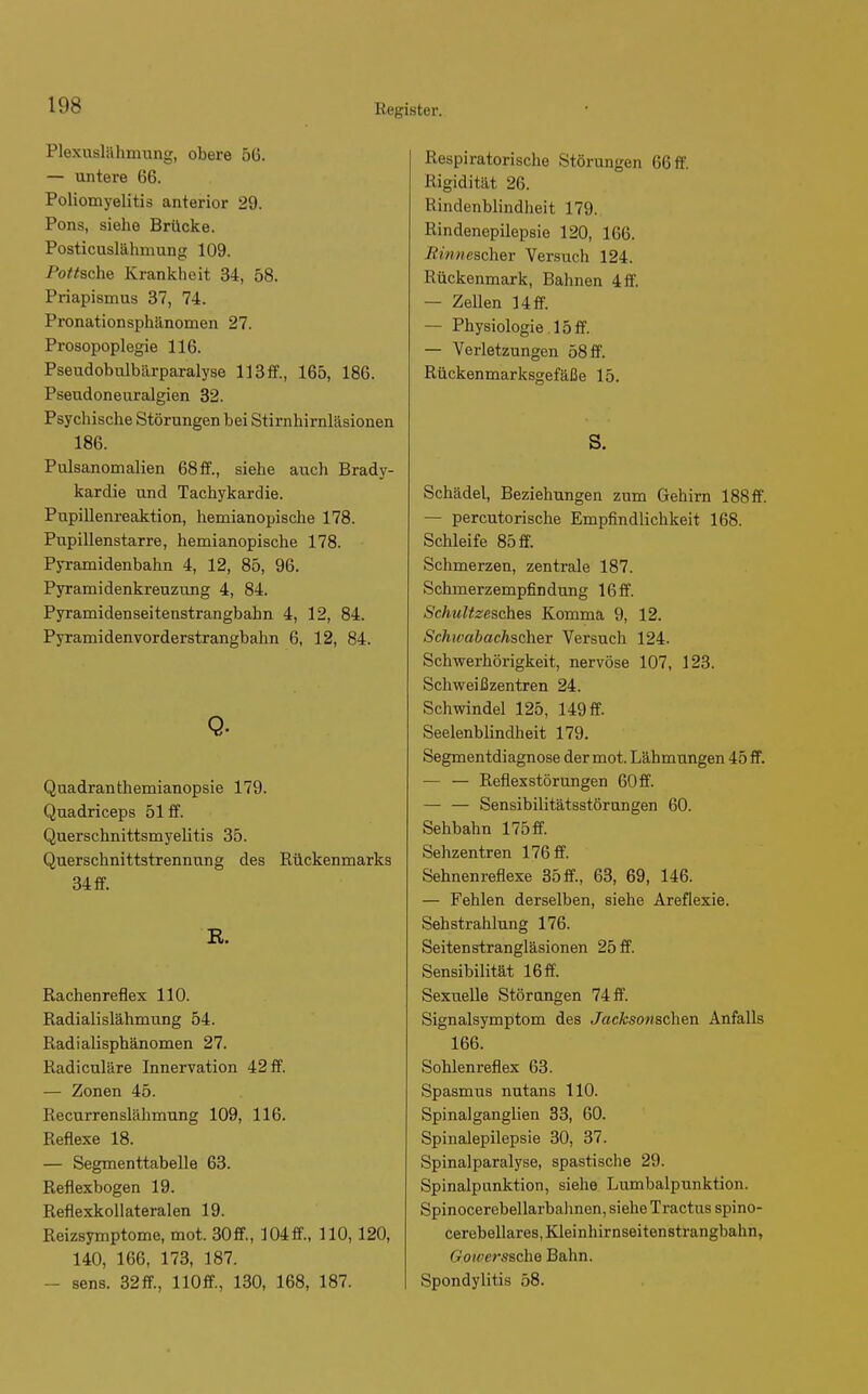 108 Plexuslilhmung, obere 56. — untere 66. Poliomyelitis anterior 29. Pons, siehe Brücke. Posticuslähmung 109. Porsche Krankheit 34, 58. Priapismus 37, 74. Pronationsphänomen 27. Prosopoplegie 116. Pseudobiübärparalyse 113ff., 165, 186. Pseudoneuralgien 32. Psychische Störungen bei Stirnhirnläsionen 186. Pulsanomalien 68ff., siehe auch Brady- kardie imd Tachykardie. Pupillenreaktion, hemianopische 178. Pupillenstarre, hemianopische 178. Pyramidenbahn 4, 12, 85, 96. P3rramidenkreuzung 4, 84. Pyramidenseitenstrangbahn 4, 12, 84. Pyramidenvorderstrangbahn 6, 12, 84. Q. Quadranthemianopsie 179. Quadriceps 51 ff. Querschnittsmyelitis 35. Querschnittstrennung des Rückenmarks 34 ff. K. Rachenreflex 110. Radialislähmung 54. Radialisphänomen 27. Radiculäre Innervation 42 ff. — Zonen 45. Recurrenslähmung 109, 116. Reflexe 18. — Segmenttabelle 63. Reflexbogen 19. Reflexkollateralen 19. Reizsymptome, mot. 30ff., ]04ff., 110,120, 140, 166, 173, 187. — sens. 32 ff, llOff., 130, 168, 187. Respiratorische Störungen 66 ff. Rigidität 26. Rindenblindheit 179. Rindenepilepsie 120, 166. /i'/w«escher Versuch 124. Rückenmark, Bahnen 4 ff. — Zellen Ii ff. — Physiologie 15 ff. — Verletzungen 58 ff. Rückenmarksgefäße 15. s. Schädel, Beziehungen zum Gehirn 188 ff. — percutorische Empfindlichkeit 168. Schleife 85 ff. Schmerzen, zentrale 187. Schmerzempfindung 16 ff. Schultzesches Komma 9, 12. Schwabachscher Versuch 124. Schwerhörigkeit, nervöse 107, 123. Schweißzentren 24. Schwindel 125, 149 ff. Seelenblindheit 179. Segmentdiagnose der mot. Lähmungen 45 ff. — — Reflexstörungen 60ff. — — Sensibilitätsstörungen 60. Sehbahn 175 ff. Sehzentren 176 ff. Sehnenreflexe 35 ff., 63, 69, 146. — Fehlen derselben, siehe Areflexie. Sehstrahlung 176. Seitenstrangläsionen 25 ff. Sensibilität 16 ff. Sexuelle Störungen 74 ff. Signalsymptom des Jacksonschen Anfalls 166. Sohlenreflex 63. Spasmus nutans 110. Spinalganglien 33, 60. Spinalepilepsie 30, 37. Spinalparalyse, spastische 29. Spinalpunktion, siehe Lumbalpunktion. Spinocerebellarbahnen, siehe Tractus spino- cerebellares,Kleinhirnseitenstrangbahn, 6'o«'erssche Bahn. Spondylitis 58.