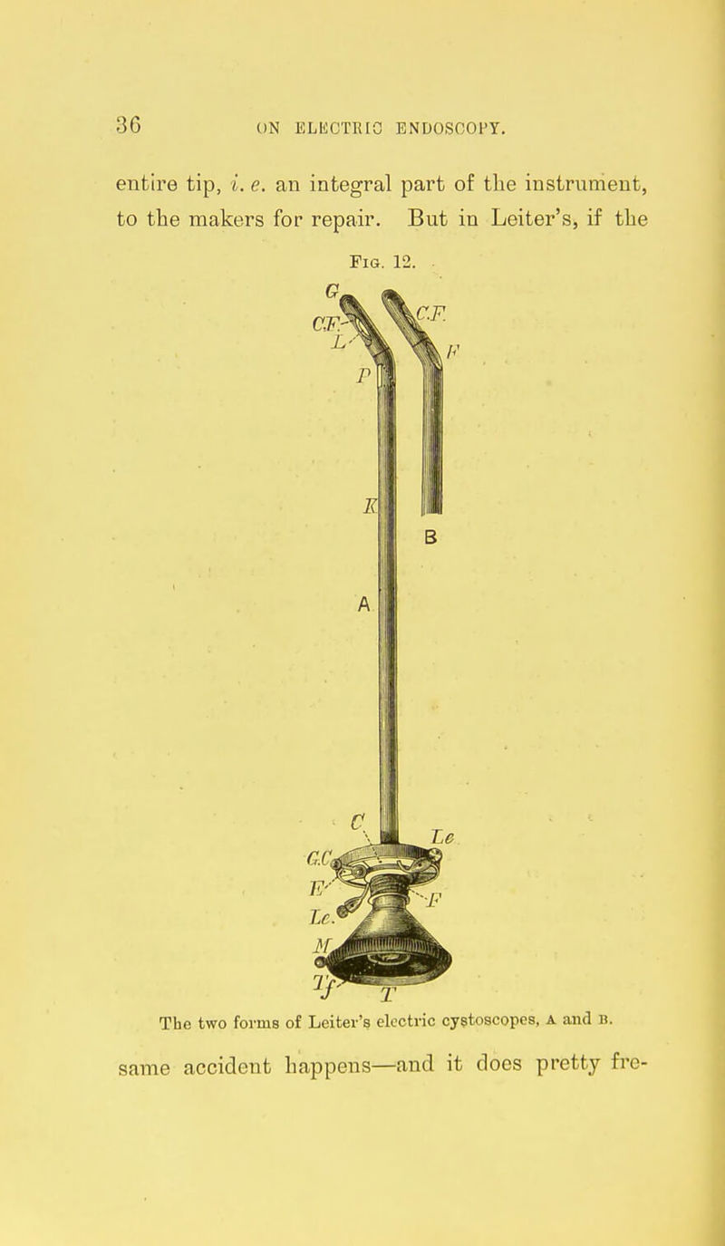 entire tip, i. e. an integral part of the instrument, to the makers for repair. But in Leiter's, if the Fig. 12. The two forms of Leiter's electric cyetoscopes, A and n. same accident happens—and it does pretty fre-