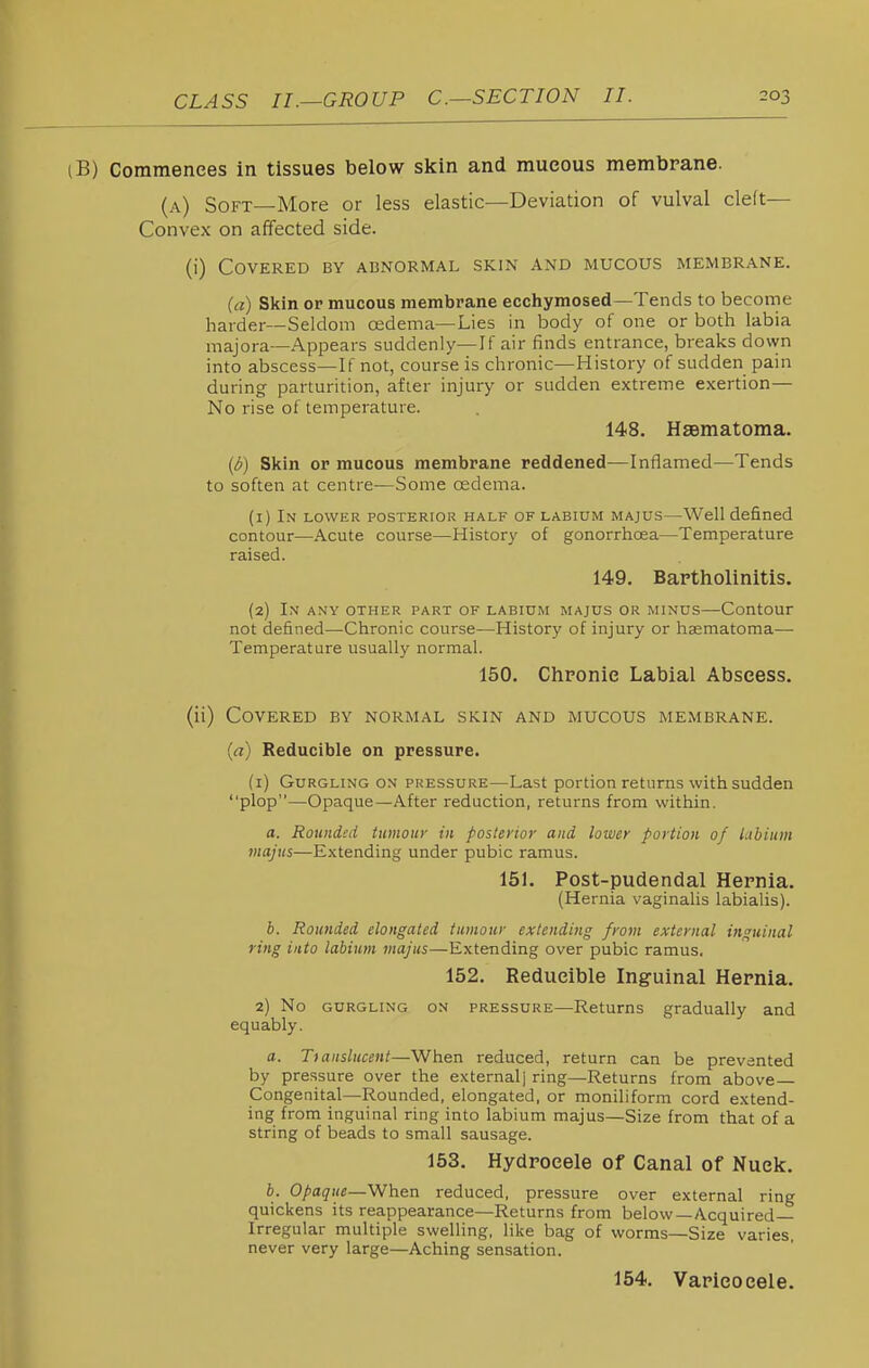 (B) Commences in tissues below skin and mucous membrane. (a) Soft—More or less elastic—Deviation of vulval cleft— Convex on affected side. (i) Covered by abnormal skin and mucous membrane. (a) Skin or mucous membrane ecchymosed—Tends to become harder—Seldom cedema—Lies in body of one or both labia majora—Appears suddenly—If air finds entrance, breaks dovvn into abscess—If not, course is chronic—History of sudden pain during parturition, after injury or sudden extreme exertion— No rise of temperature. 148. Hsematoma. (/>) Skin or mucous membrane reddened—Inflamed—Tends to soften at centre—Some oedema. (1) In lower posterior half of labium majus—Well defined contour—Acute course—History of gonorrhoea—Temperature raised. 149. Baptholinitls. (2) In any other part of labium majus or minus—Contour not defined—Chronic course—History of injury or hsematoma— Temperature usually normal. 150. Chronic Labial Abscess. (ii) Covered by normal skin and mucous membrane. (a) Reducible on pressure. (i) Gurgling on pressure—Last portion returns with sudden plop—Opaque—After reduction, returns from within. a. Rounded tumour in posterior and lower portion of labium majus—Extending under pubic ramus. 151. Post-pudendal Hernia. (Hernia vaginalis labialis). 6. Rounded elongated tumour extending from external inguinal ring into labium majus—Extending over pubic ramus. 152. Reducible Inguinal Hernia. 2) No gurgling on pressure—Returns gradually and equably. a. Ttauslucent—When reduced, return can be prevented by pressure over the external] ring—Returns from above Congenital—Rounded, elongated, or moniliform cord extend- ing from inguinal ring into labium majus—Size from that of a string of beads to small sausage. 153. Hydrocele of Canal of Nuek. b. Opaque—When reduced, pressure over external ring quickens its reappearance—Returns from below—Acquired- Irregular multiple swelling, like bag of worms—Size varies, never very large—Aching sensation. 154. Varicocele.
