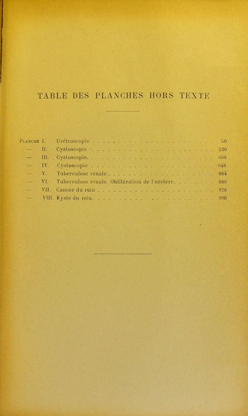 TABLE DES PLANCHES HORS TEXTE Planche I. Urclroscopie oO — II. Cystoscopic ■ 520 — III. Cystoscopie 008 — IV. Cystoscopie 548 — V. Tuberculose rénale 884 — VI. Tuberculose rénale. Oblitération de l'uretère 886 — VII. Cancer du rein 928 — VIII. Kyste du rein 996