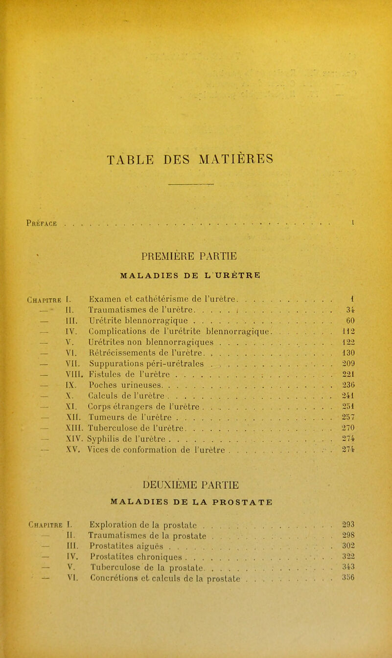 TABLE DES MATIÈRES Préface i PREMIÈRE PARTIE MALADIES DE L URÈTRE Chapitre I. Examen et calhétérisme de l'urètre 1 — - [l. Traumatismes de l'urètre ■. 34 — III. Urétrite blennorragique 60 — IV. Complications de l'urétrite blennorragique 112 — V. Urétrites non blennorragiques 122 — VI. Rétrécissements de l'urètre 130 — VII. Suppurations péri-urétrales 209 — VIII. Fistules de l'urètre 221 — IX. Poches urineuses 236 — .X. Calculs de l'urètre 241 — XI. Corps étrangers de l'urètre 251 — .XII. Tumeurs de l'urètre 257 — XIII. Tuberculose de l'urètre 270 XIV. Syphilis de l'urètre 274 XV. Vices de conformation de l'urètre 274 DEUXIÈME PARTIE MALADIES DE LA PROSTATE Chapitre I. Exploration de la prostate 293 II. Traumatismes de la prostate 298 — III. Prostatiles aiguës 302 — IV. Prostatites chroniques 322 — V. Tuberculose de la prostate '^43 — VI. Concrcliona et calculs de la prostate