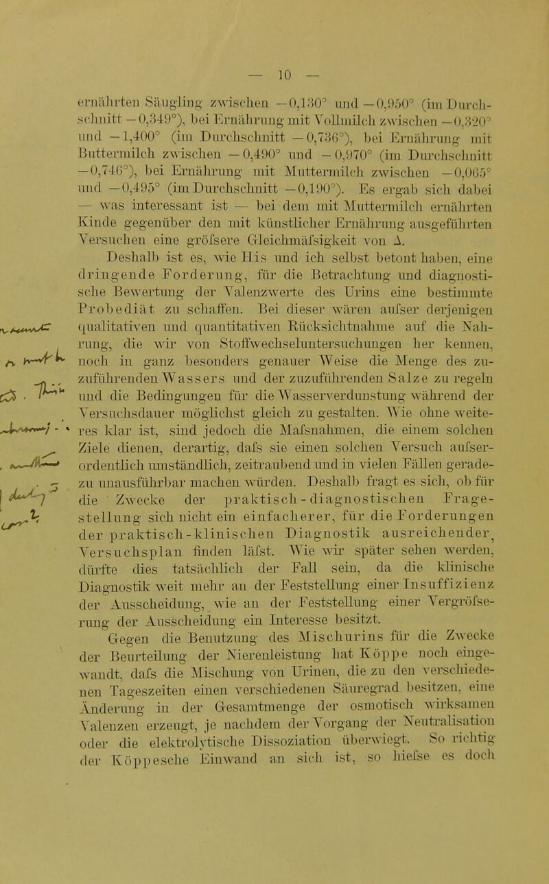 eriuUirteii Säugling' zwischen und — O/JaO (im Durcli- schnitt -0,349°), bei Ernährung mit Vollmilch zwischen -0,8-20^ und -1,400° (im Durchschnitt -0,736°), bei Ernälirung mit Buttermilch zwischen -0,490° und -0,970° (im Durchschnitt — 0,74ü°), bei Ernährung mit Muttermilch zwischen — 0,0G5° und -0,495° (im Durchschnitt -0,190'^). Es ergab sich dabei — was interessant ist — bei dem mit IMuttermilch ernährten Kinde gegenüber den mit künstlicher Ernährung ausgeführten Versuchen eine gröfsere Gleichmäfsigkeit von A. Deshalb ist es, wie His und ich selbst betont haben, eine dringende Forderung, für die Betrachtung und diagnosti- sche Bewertung der Valenzwerte des Urins eine bestimmte Probe diät zu schaffen. Bei dieser wären aufser derjenigen r,^A***vwC ({ualitativen und quantitativen Rücksichtnahme auf die Nah- rung, die wii' von Stoft'wechseluntersuchungen her kennen, Kwr»»' noch in ganz besonders genauer Weise die Menge des zu- zuführenden Wassers und der zuzuführenden Salze zu regeln CCJS ' ' und die Bedingungen für die Wasserverdunstung während der Versuchsdauer möglichst gleich zu gestalten. Wie ohne weite- ^Jt^''*^}' » res klar ist, sind jedoch die Mafsnahmen, die einem solchen ^ Ziele dienen, derartig, dafs sie einen solchen Versuch aufser- , <,,v-/ft—♦ ordentlich umständlich, zeitraubend und in vielen Fällen gerade- zu unausführbar machen würden. Deshalb fragt es sich, ob für die Zwecke der praktisch - diagnostischen Frage- ^ Stellung sich nicht ein einfacherer, für die Forderungen der praktisch-klinischen Diagnostik ausreichender^ Versuchsplan finden läfst. Wie wii- später sehen werden, dürfte dies tatsächlich der Fall sein, da die klinische Diagnostik w^eit mehr an der Feststellung einer Insuffizienz der Ausscheidung, wie au der Feststellung einer Vergröfse- rung der Ausscheidung ein Interesse besitzt. Gegen die Benutzung des Mischurins für die Zwecke der Beurteilung der Nierenleistung hat Köppe noch einge- wandt, dafs die Mischung von Urinen, die zu den verschiede- nen Tageszeiten einen verschiedenen Säuregrad besitzen, eine Änderung in der Gesamtmenge der osmotisch wirksamen Valenzen erzeugt, je nachdem der Vorgang der Neutralisation oder die elektrolytische Dissoziation überwiegt. So richtig der Köppesche Einwand au sich ist, so hiefse es doch