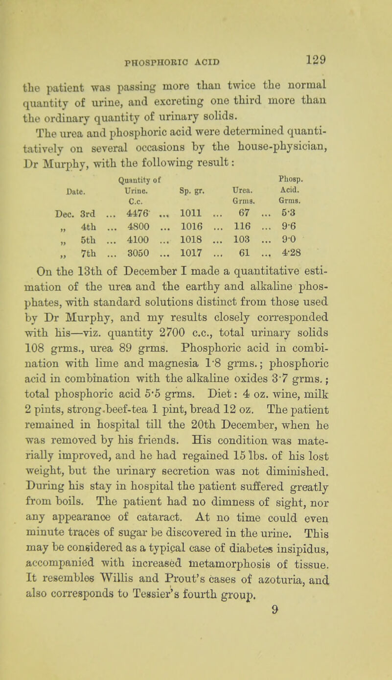 the patient was passing more than twice the normal quantity of urine, and excreting one third more than the ordinary quantity of urinary solids. The urea and phosphoric acid were determined quanti- tatively on several occasions by the house-physician, Dr Murphy, with the following result: Quantity of Phosp. Date. Urine. Sp. gr. Urea. Acid. C.c. Grnis. Grms. Dec. 3rd , ... 4476 ... 1011 ,. 67 ... 5-3 „ 4th ... 4800 ... 1016 . .. 116 ... 9-6 „ 5th ... 4100 ... 1018 ,. 103 ... 90 „ 7th ... 3050 ... 1017 . .. 61 ... 4-28 On the 13th of December I made a quantitative esti- mation of the urea and the earthy and alkaUne phos- phates, with standard solutions distinct from those used by Dr Murphy, and my results closely corresponded with his—viz. quantity 2700 c.c, total urinary solids 108 grms., urea 89 grms. Phosphoric acid in combi- nation with lime and magnesia I'S grms.; phosphoric acid in combination with the alkaline oxides 3 7 grms.; total phosphoric acid 5*5 grms. Diet: 4 oz. wine, milk 2 pints, strong .beef-tea 1 pint, bread 12 oz. The patient remained in hospital till the 20th December, when he was removed by his friends. His condition was mate- rially improved, and he had regained 15 lbs. of his lost weight, but the urinary secretion was not diminished. During his stay in hospital the patient suffered greatly from boils. The patient had no dimness of sight, nor any appearance of cataract. At no time could even minute traces of sugar be discovered in the urine. This may be considered as a typical case of diabetes insipidus, accompanied with increased metamorphosis of tissue. It resembles Willis and Front's cases of azoturia, and also corresponds to Tessier's fourth group. 9