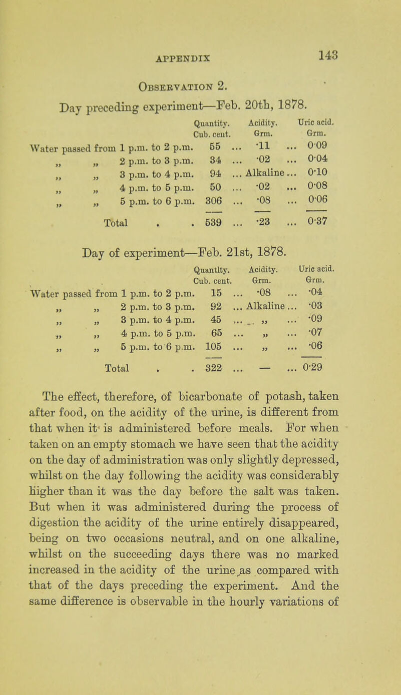 Observation 2. Day preceding experiment—Feb. 20tb, 1878. Quantity. Acidity. Uric acid. Cub. cent. Grm. Grm. Water passed from 1 p.m. to 2 p.m. 55 ... '11 ... 0 09 2 p.m. to 3 p.m. 34 ... '02 ... 0 04 „ „ 3 p.m. to 4 p.m. 94 ...Alkaline... O'lO 4 p.m. to 5 p.m. 50 ... 02 ... 0-08 „ „ 5 p.m. to 6 p.m. 306 ... '08 ... 0 06 Total . . 539 ... '23 ... 037 Day of experiment—Feb. 21st, 1878. Quantity. Acidity. Uric acid. Cub. cent. Gxm. Grm. Water passed from 1 p.m. to 2 p.m. 15 ... -08 ... '04 „ 2 p.m. to 3 p.m. 92 ... Alkaline ... '03 „ „ 3 p.m. to 4 p.m. 45 ... „ ... '09 „ „ 4 p.m. to 5 p.m. 65 ... „ ... '07 „ „ 5 p.m. to 6 p.m. 105 ... „ ... '06 Total . . 322 ... — ... 0-29 The effect, therefore, of bicarbonate of potash, taken after food, on the acidity of the urine, is different from that when it' is administered before meals. For when taken on an empty stomach we have seen that the acidity on the day of administration was only slightly depressed, whilst on the day following the acidity was considerably Higher than it was the day before the salt was taken. But when it was administered during the process of digestion the acidity of the urine entirely disappeared, being on two occasions neutral, and on one alkaline, whilst on the succeeding days there was no marked increased in the acidity of the urine >s compared with that of the days preceding the experiment. And the same difference is observable in the hourly variations of