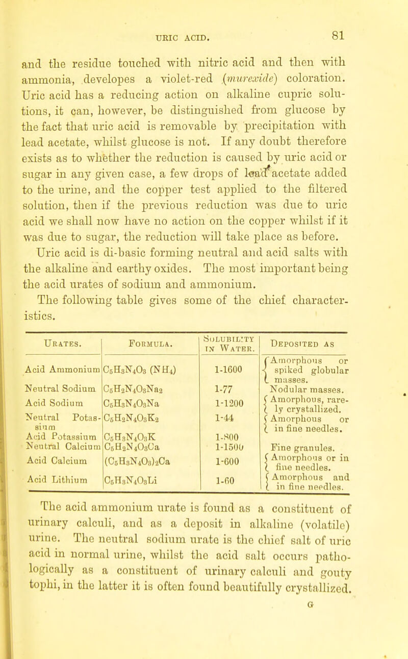 and tlie residue touched witli nitric acid and then with ammonia, developes a violet-red {inurexide) coloration. Uric acid has a reducing action on alkaline cupric solu- tions, it can, however, be distinguished from glucose by the fact that uric acid is removable by. precipitation with lead acetate, whilst glucose is not. If any doubt therefore exists as to whether the reduction is caused by uric acid or sugar in any given case, a few drops of lea'd'acetate added to the urine, and the copper test apphed to the filtered solution, then if the previous reduction was due to uric acid we shall now have no action on the copper whilst if it was due to sugar, the reduction will take place as before. Uric acid is di-basic forming neutral and acid salts with the alkaline and earthy oxides. The most important being the acid urates of sodium and ammonium. The following table gives some of the chief character- istics. Urates. Formula. Solubility TN Water. Deposited as Acid Ammonium C6H3N4O3 (NH4) 1-1600 rAmorpho'is or < spiked globular Neutral Sodium CsHaKiOsNaa 1-77 L musses. Nodular masses. Acid Sodium Neutral Potas- sium Acid Potassium Neutral Calcium C6H3N408Na CsHaNiOsKa C5H3N4O3K CsHaNiOsOa 1-1200 1-44 1-SOO 1-1500 f Amorphous, rare- (. ly crystallized. (Amorphous or (. in fine needles. Fine granules. Acid Calcium (C6H3N408)2Ca 1-600 C Amorphous or in X fine needles. Acid Lithium CsHsNiOsLi 1-60 C Amorphous and \ in fine needles. The acid ammonium urate is found as a constituent of urinary calculi, and as a deposit in alkaline (volatile) urine. The neutral sodium urate is the chief salt of uric acid in normal urine, whilst the acid salt occurs patho- logically as a constituent of urinary calculi and gouty tophi, m the latter it is often found beautifully crystallized.