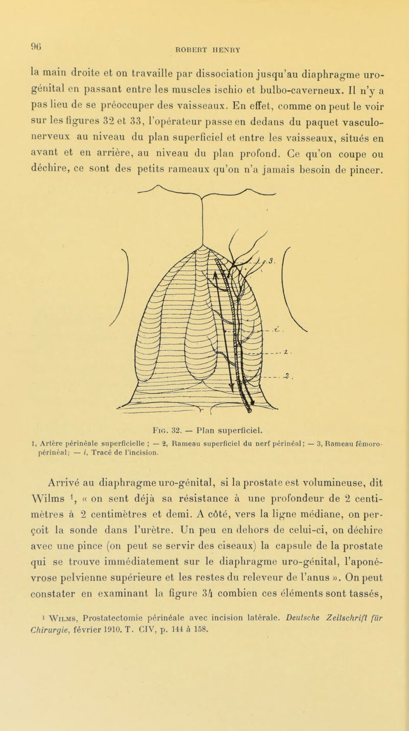 ROBERT HENRY la main droite et on travaille par dissociation jusqu'au diaphragme uro- génital en passant entre les muscles ischio et bulbo-caverneux. Il n'y a pas lieu de se préoccuper des vaisseaux. En effet, comme on peut le voir sur les figures 32 et 33, l'opérateur passe en dedans du paquet vasculo- nerveux au niveau du plan superficiel et entre les vaisseaux, situés en avant et en arrière, au niveau du plan profond. Ce qu'on coupe ou déchire, ce sont des petits rameaux qu'on n'a jamais besoin de pincer. FiG. 32. — Plan superficiel. 1, Artère périnéale superficielle ; — 2, Rameau superficiel du nerf périnéal; — 3, Rameau fémoi o- périnéal; — /, Tracé de l'incision. Arrivé au diaphragme uro-génital, si la prostate est volumineuse, dit Wilms \ « on sent déjà sa résistance à une profondeur de 2 centi- mètres à 2 centimètres et demi. A côté, vers la ligne médiane, on per- çoit la sonde dans l'urètre. Un peu en dehors de celui-ci, on déchire avec une pince (on peut se servir des ciseaux) la capsule de la prostate qui se trouve immédiatement sur le diaphragme uro-génital, l'aponé- vrose pelvienne supérieure et les restes du releveur de l'anus ». On peut constater en examinant la figure 3/i combien ces éléments sont tassés, 1 Wilms, Prostatectomie périnéale avec incision latérale. Deutsche Zeilschrift fur Chirurgie, février 1910. T. CIV, p. 144 à 158.