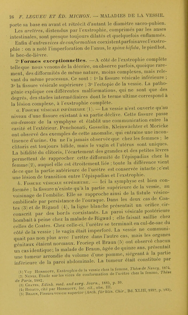 porte sa base en avant cl rétrécit d'autant le diamètre sacro-pubien. Les iirelères, distendus par l'exstrophic, comprimés par les anses intestinales, sont presque toujours dilatés et quelquefois enflammés. Enfin d'autres vices de conformation coexislentparfoisavecrexstro- phie : on a noté l'iraperforalion de l'anus, le spina bifida, le pied bot, le bec-de-lièvre. 2° Formes exceptionnelles. — A côté de Texstrophie complète telle que nous venons de la décrire, on observe parfois, quoique rare- ment, des difformités de môme nature, moins complexes, mais rele- vant du même processus. Ce sont : 1° la fissure vésicale inférieure ; 3» la fissure vésicale supérieure ; 3 fectopie de la vessie. La patho- génie explique ces différentes malformations, qui ne sont que des degrés, des stades intermédiaires dont le terme ultime correspond à la lésion complexe, à l'exstrophie complète. a. Fissure vésicale inféiueube (l). — La vessie n'est ouverte qu'au niveau d'une fissure existant à sa partie déclive. Cette fissure passe au-dessous de la symphyse et établit une communication entre la cavité et l'extérieur. Penchonati, Gosselin, Kleinwâchter et Monclte ont observé des exemples de cette anomalie, qui entraîne une incon- tinence d'urine. On ne l'a jamais observée que chez les femmes ; le clitoris est toujours bifide, mais le vagin et l'utérus sont uniques. La bifidité du clitoris, l'écartement des grandes et des petites lèvres permettent de rapprocher cette difformité de fépispadias chez la femme (2), auquel elle est étroitement liée ; toute la différence vient de ce que la partie antérieure de furètre est conservée intacte .:c est une lésion de transition entre l'épispadias et fexstrophie. b Fissure vésicale supérieure. — Ici la symphyse est bien con- formée : la fissure n'existe qu'à la partie supérieure de la vessie, au voisinage de l'ombilic. Elle se rapproche ainsi de la fistule vesico- ombilicale par persistance de l'ouraque. Dans les deux cas de Coa- tes (3) et de Rigaud (4), la ligne blanche présentait un orihce. cir- conscrit par des bords coexistants. La paroi vésicale postérieure bombait à peine chez la malade de Rigaud ; elle faisait saillie chez celles de Coates. Chez celle-ci, l'urètre se terminait en cul-de-sac du côté de la vessie ; le vagin était imperforé. La vessie ne communi- quait pas non plus avec furètre dans l'autre cas, mais les o,-ganes génitaux étaient normaux. Froriep et Braan (5) ont observé chacun un cas identique; la malade de Braun, ûgée de quinze ans, présentait une tumeur arrondie du volume d'une pomme, siégeant a a partie inférieure de la paroi abdominale. La tumeur élait constituée par e Paris, 1882. , „„ (3) Coates, Edinb. med. and surg. Journ. ISWj, P- • (4) RiOAUn.ciLé par HunnooTT, /oc. cU., obs. 111. (5) Braun, Fissuruvcsicic superior (Arch. lùrhUn. Chu:, Bd.\U\L IbO., i . i ,