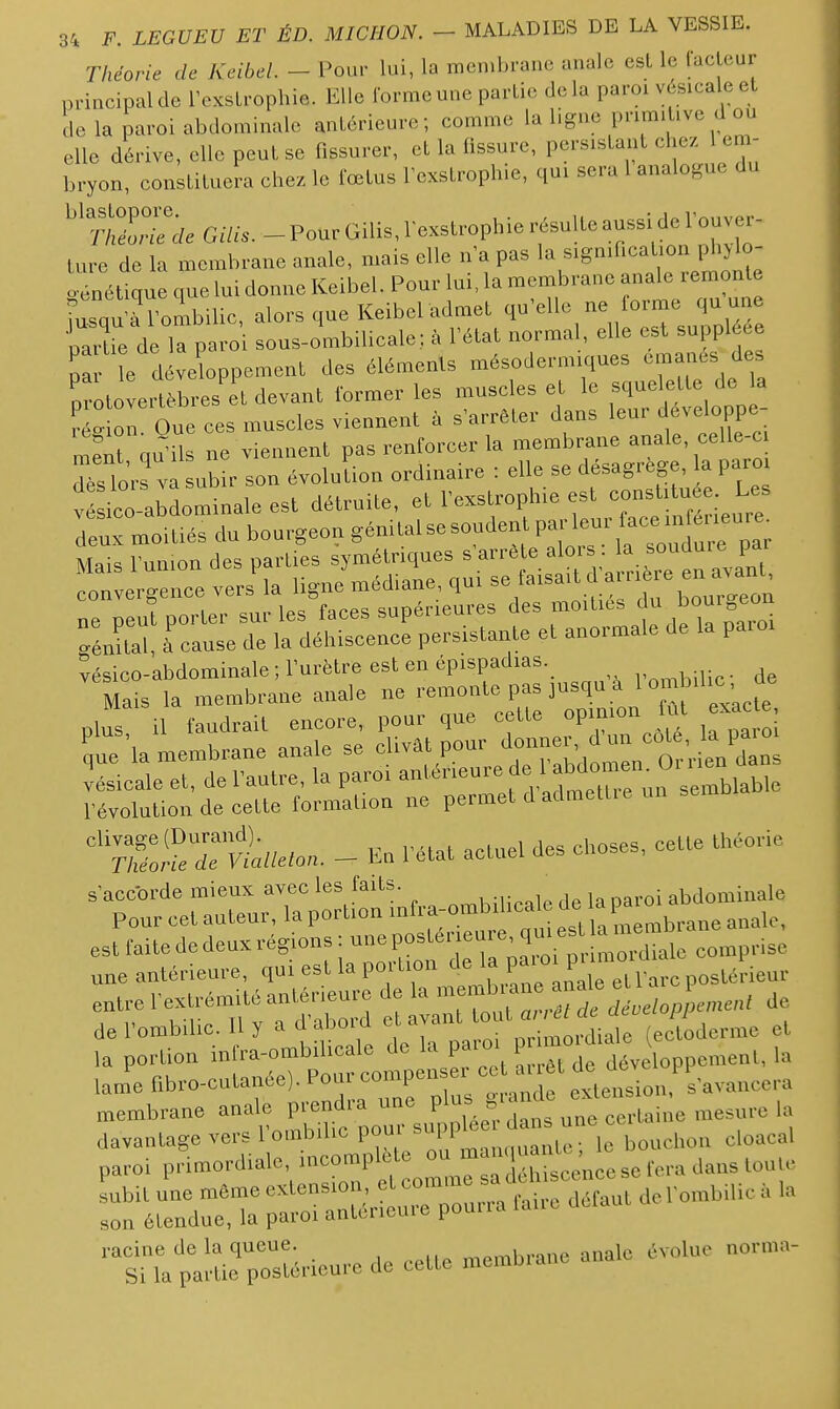 Théorie de Keibel. - Pour lui, la membrane anale est le lacleur principal de ToKslrophie. Elle forme une partie delà paroi vésicale et delà paroi abdominale antérieure; comme la ligne primitive d ou elle dérive, elle peut se fissurer, et la fissure, persistant chez l em- bryon, constituera chez le fœtus Fexstrophie, qui sera 1 analogue du ^iS^ede Gilis. - Pour Gilis, Fexstrophie résulte aussi de l'ouver- ture de la membrane anale, mais elle n'a pas la signification plijlo- ^étique que lui donne Keibel. Pour lui, la membrane anale remonte ■rqu.?rombilic, alors que Keibel admet ^'^110 ne orme q^^^^^^^^^ partie de la paroi sous-ombilicale; à letat normal, elle est suppléée pa e développement des éléments mésodermiques -^anes des orotovertèbres et devant former les muscles et le squelette de la ^ ' on Que ces muscles viennent à s'arrêter dans leur developpe- menrqu'ils ne viennent pas renforcer la membrane anale, celle-ci Ts lors V ubir son évolulion ordinaire : elle se désagrège, la paroi V ico abdominale est détruite, et l'exstrophie est constituée. Les rurmtdésdubourgeongémtalsesoudentpar^^^^^^^^ Mais l'union des parties symétriques s'arrête alors la souduie par on:er;rce vers'la ligiJmédiane, qui -^u^™;^ i ,.r.,^\av c^nrles faces supérieures des moitiés du douIoKuu rjtat rcau:eïe ll^l^s^eJ persistante et anormale de la paroi vésico-abdominale ; l'urètre est en épispadias._ y. -,-^. de Mais la membrane anale ne remonte pas jusqu à - ' plu 11 faudrait encore, pour que cette opinion fat exac e 'que'la membrane anale se ^Uv^t pour dcn.ner d u^ vésicale et, de l'autre, la paroi antérieure f'.}f^^^^^^^^^^ révolution de cette formation ne permet d admetlie un ^'n5:WerFt//e.o.. - En l'état actuel des choses, cette théorie s'accorde mieux avec les faits. u;i:^„|p ,1. la oaroi abdominale Pour cet auleur^a portion mfra-ombd,ca e de a p^^^^^^^^ est faite de deux régions ■ une P»^^-^™'';.^.X , comprise une antérieure, qui est la portion de » 1»'° '^^^^^^^ entre l extrémité antérieure de la '^^'^^^^^Td!Téue,oppcn,en, de de Pombilic. 11 y a d «boixl » 7' .™ primoitiale {eitoderme et la portion infra-ombilicale de la paioi p 'uo.u ^ lame fibro-culanée). Pour compeii^B i c a^r t d.^^^^^^^ membrane anale prendra une P'^f, » ^,,^i„e mesure la hrdr-;=vt— '■liTatarûrprstirieure de cette membrane anale évolue norma-