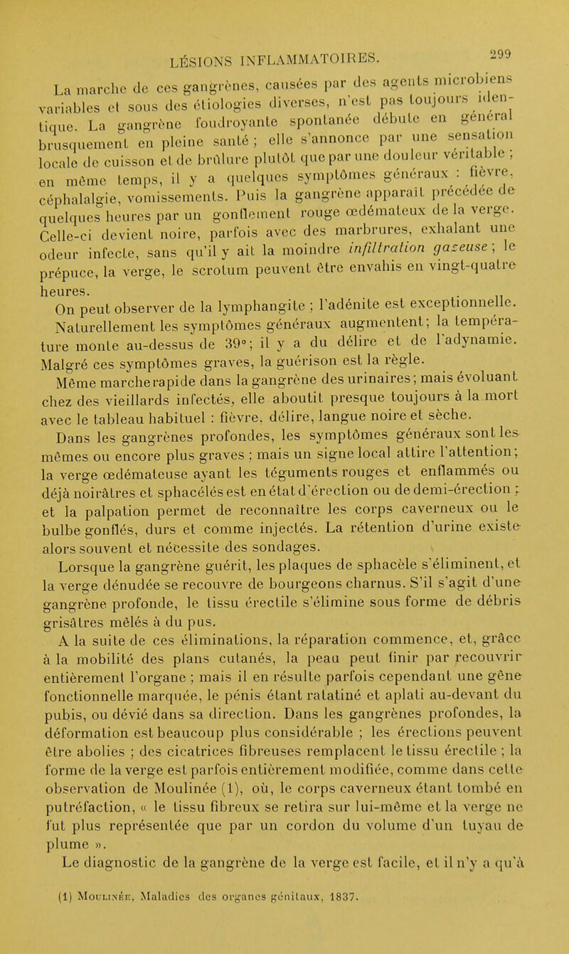 La marche de ces gangrènes, causées par des agents microbiens variables et sous des éliologies diverses, n'est pas toujours i.len- tique. La gangrène foudroyante spontanée débute en gênerai biusquemenl en pleine santé ; elle s'annonce par une sensation locale de cuisson el de brûlure plutôt que par une douleur véritable ; en même temps, il y a quelques symptômes généraux : fièvre, céphalalgie, vomissements. Puis la gangrène apparaît précédée de quelques heures par un gonflement rouge œdémateux de la verge. Celle-ci devient noire, parfois avec des marbrures, exhalant une odeur infecte, sans qu'il y ait la moindre infiltralion gazeuse ; le prépuce, la verge, le scrotum peuvent être envahis en vingt-quatre heures. On peut observer de la lymphangite ; l'adénite est exceptionnelle. Naturellement les symptômes généraux augmentent; la tempéra- ture monte au-dessus de 39°; il y a du délire et de l'adynamie. Malgré ces symptômes graves, la guérison est la règle. Même marche rapide dans la gangrène des urinaires; mais évoluant chez des vieillards infectés, elle aboutit presque toujours à la mort avec le tableau habituel : fièvre, délire, langue noire et sèche. Dans les gangrènes profondes, les symptômes généraux sont les mêmes ou encore plus graves ; mais un signe local attire l'attention; la verge œdémateuse ayant les téguments rouges et enflammés ou déjà noirâtres et sphacélésest en état d'érection ou de demi-érection ; et la palpation permet de reconnaître les corps caverneux ou le bulbe gonflés, durs et comme injectés. La rétention d'urine existe alors souvent et nécessite des sondages. Lorsque la gangrène guérit, les plaques de sphacèle s'éliminent, et la verge dénudée se recouvre de bourgeons charnus. S'il s'agit d'une gangrène profonde, le tissu éreclile s'élimine sous forme de débris grisâtres mêlés à du pus. A la suite de ces éliminations, la réparation commence, et, grâce à la mobilité des plans cutanés, la peau peut finir par recouvrir entièrement l'organe ; mais il en résulte parfois cependant une gêne fonctionnelle marquée, le pénis étant ratatiné et aplati au-devant du pubis, ou dévié dans sa direction. Dans les gangrènes profondes, la déformation est beaucoup plus considérable ; les érections peuvent être abolies ; des cicatrices fibreuses remplacent le tissu éreclile ; la forme de la verge est parfois entièrement modifiée, comme dans cette observation de Moulinée (1), où, le corps caverneux étant tombé en putréfaction, « le tissu fibreux se retira sur lui-môme et la verge ne fut plus représentée que par un cordon du volume d'un tuyau de plume ». Le diagnostic de la gangrène de la verge est facile, el il n'y a qu'à (1) MouLi>-ÉE, Maladies des orjjancs gcniLaux, 1837.