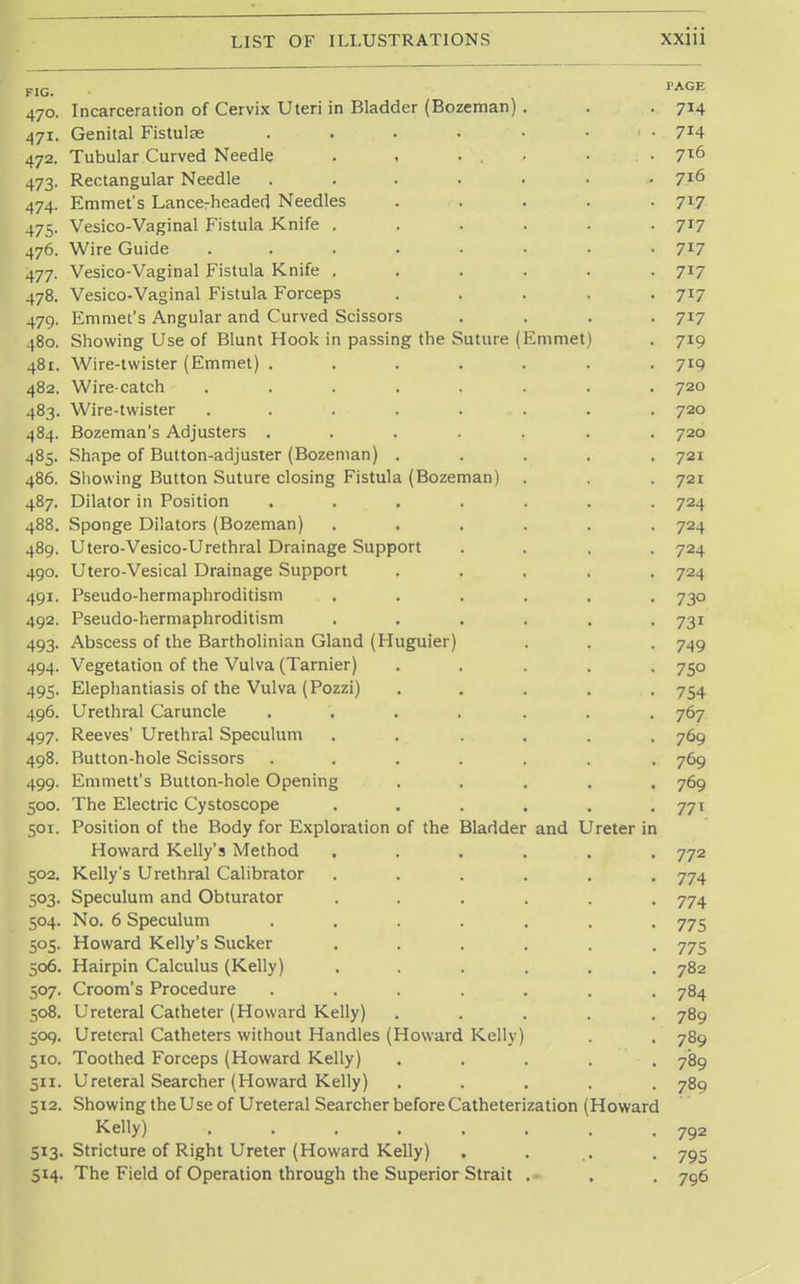 FIG. 470. 471. 472. 473- 474- 475- 476. 477- 478. 479- 480. 481. 482. 483- 484. 485- 486. 487. 488. 489. 490. 491. 492. 493- 494. 495' 496. 497- 498. 499. 500. Soi- 502. 503- 5°4- 505- 506. 507- 508. 5°9- 510. 5. 512. 513- 5*4- Incarceration of Cervix Uteri in Bladder (Bozeman) Genital Fistulse .... Tubular Curved Needle Rectangular Needle Emmet's Lance-headed Needles Vesico-Vaginal P'istula Knife . Wire Guide Vesico-Vaginal Fistula Knife . Vesico-Vaginal Fistula Forceps Emmet's Angular and Curved Scissors Showing Use of Blunt Hook in passing the Suture (Emmet) Wire-twister (Emmet) .... Wire-catch ..... Wire-twister ..... Bozeman's Adjusters .... Shape of Button-adjuster (Bozeman) . Showing Button Suture closing Fistula (Bozeman Dilator in Position .... Sponge Dilators (Bozeman) Utero-Vesico-Urethral Drainage Support Utero-Vesical Drainage Support Pseudo-hermaphroditism Pseudo-hermaphroditism Abscess of the Bartholinian Gland (Huguier) Vegetation of the Vulva (Tarnier) Elephantiasis of the Vulva (Pozzi) Urethral Caruncle .... Reeves' Urethral Speculum Button-hole Scissors .... Emmett's Button-hole Opening The Electric Cystoscope Position of the Body for Exploration of the Bladder and Ureter in Howard Kelly's Method Kelly's Urethral Calibrator Speculum and Obturator No. 6 Speculum .... Howard Kelly's Sucker Hairpin Calculus (Kelly) Groom's Procedure .... Ureteral Catheter (Howard Kelly) Ureteral Catheters without Handles (Howard Kelly Toothed Forceps (Howard Kelly) Ureteral Searcher (Howard Kelly) Showing the Use of Ureteral Searcher before Catheterization (Howard Kelly) Stricture of Right Ureter (Howard Kelly) The Field of Operation through the Superior Strait