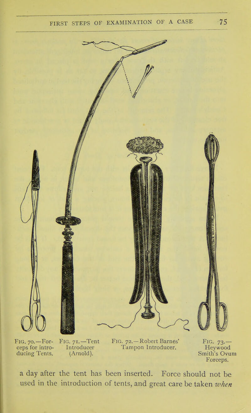 Fig. 70.—For- Fig. 71.—Tent Fig. 72.—Robert Barnes' Fig. 73.— ceps for intro- Introducer Tampon Introducer. Heywood ducing Tents. (Arnold). Smith's Ovum Forceps. a day after the tent has been inserted. Force should not be used in the introduction of tents, and great care be taken when